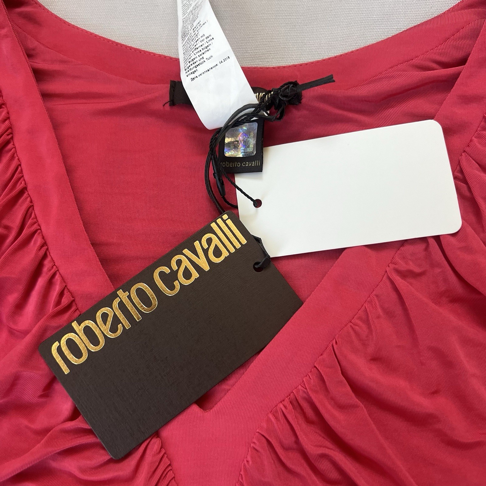 Roberto Cavalli Red Solid Ruched Ruffle V-Neck Knit Stretch T-Shirt 44 FST633