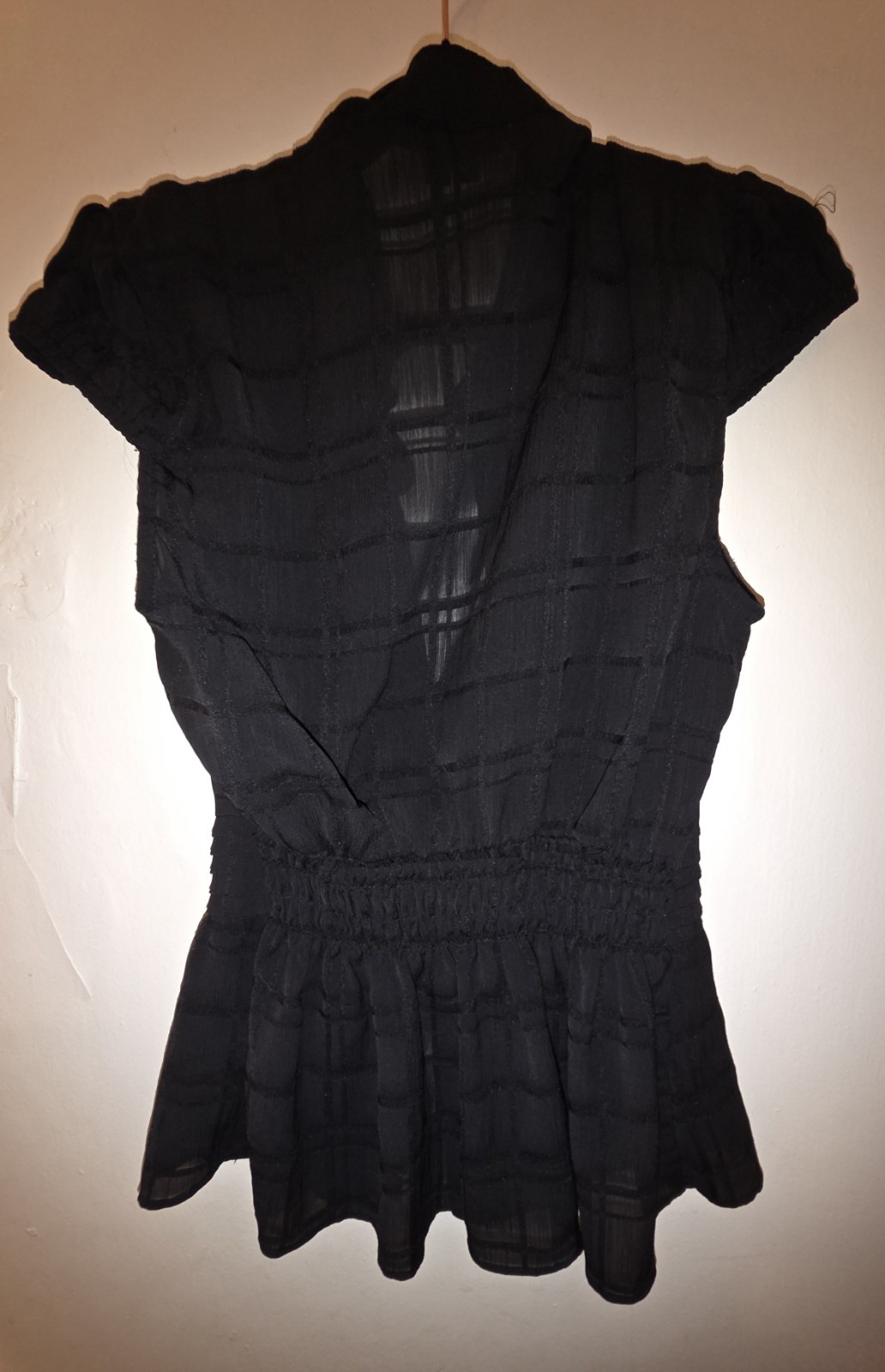 XOXO Black Lace Sheer Button Front Ruffle V-Neck Short Sleeve Blouse S Women