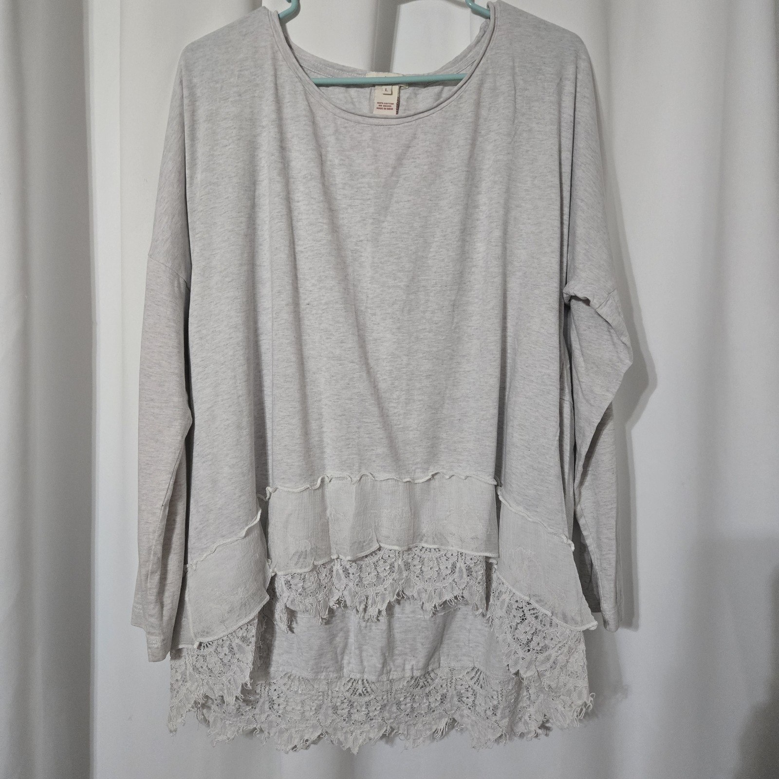 Sundance Frieda Tee Hi Lo Lace Trim Tunic Top Gray Long Sleeve Lagonlook Large