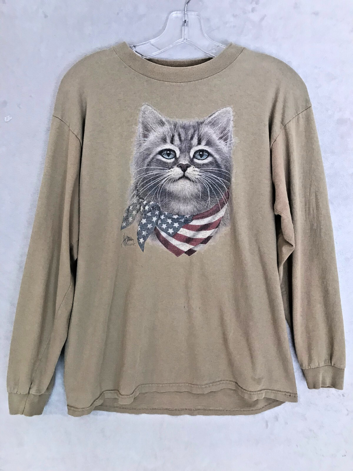 American Flag & Gray Cat T-Shirt Patriotic July 4th Khaki Cotton Unisex Medium M