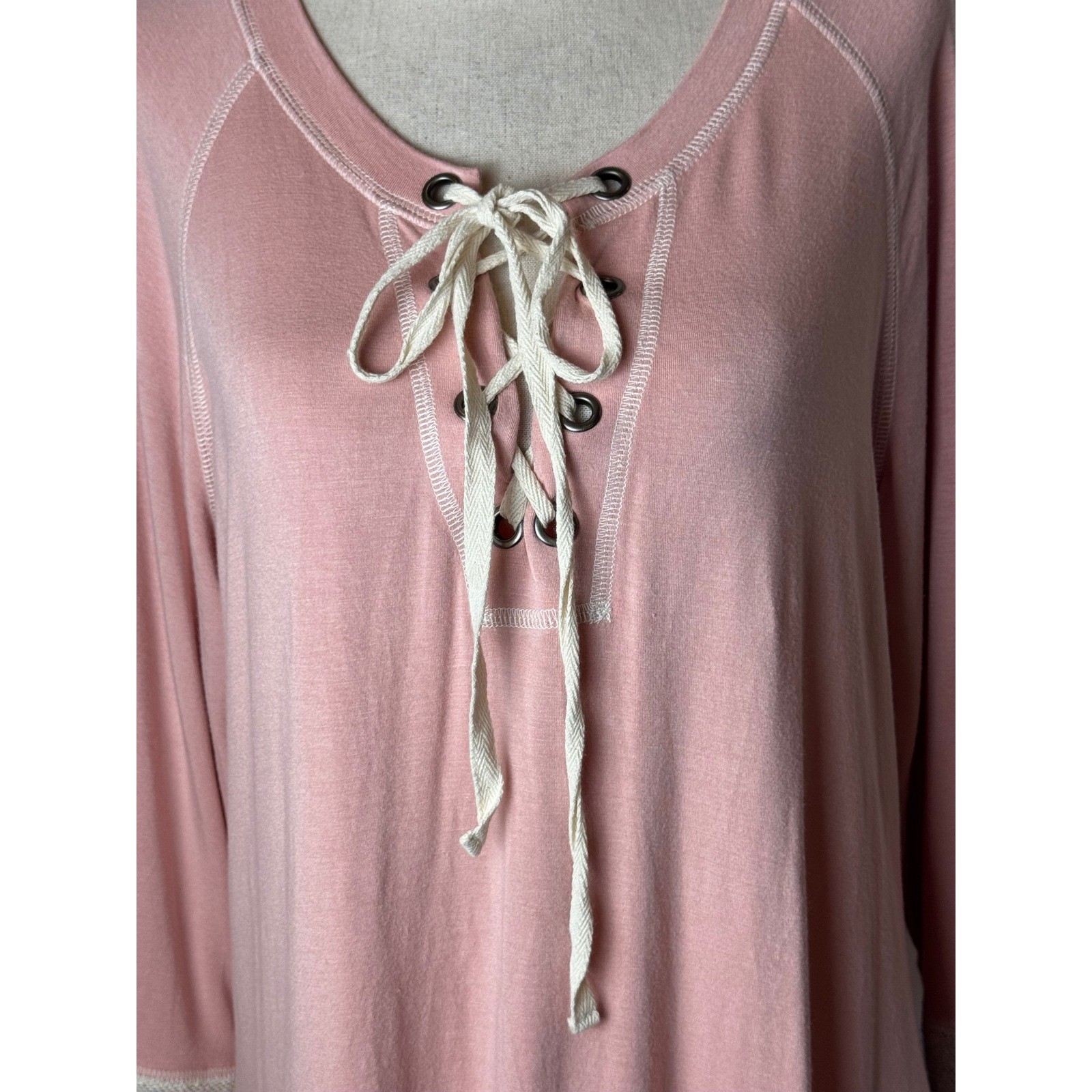 JUDE Shirt Women Large Pink Lace Up Knit Lightweight Pullover Athleisure USA