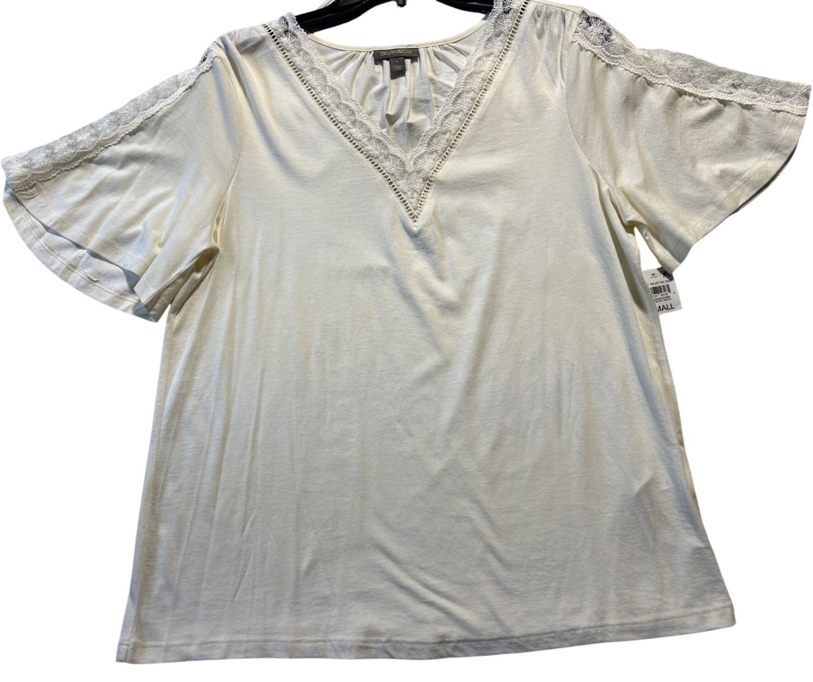 Style & Co Womens Small Whisper White Top With Lace Details & Short Sleeves