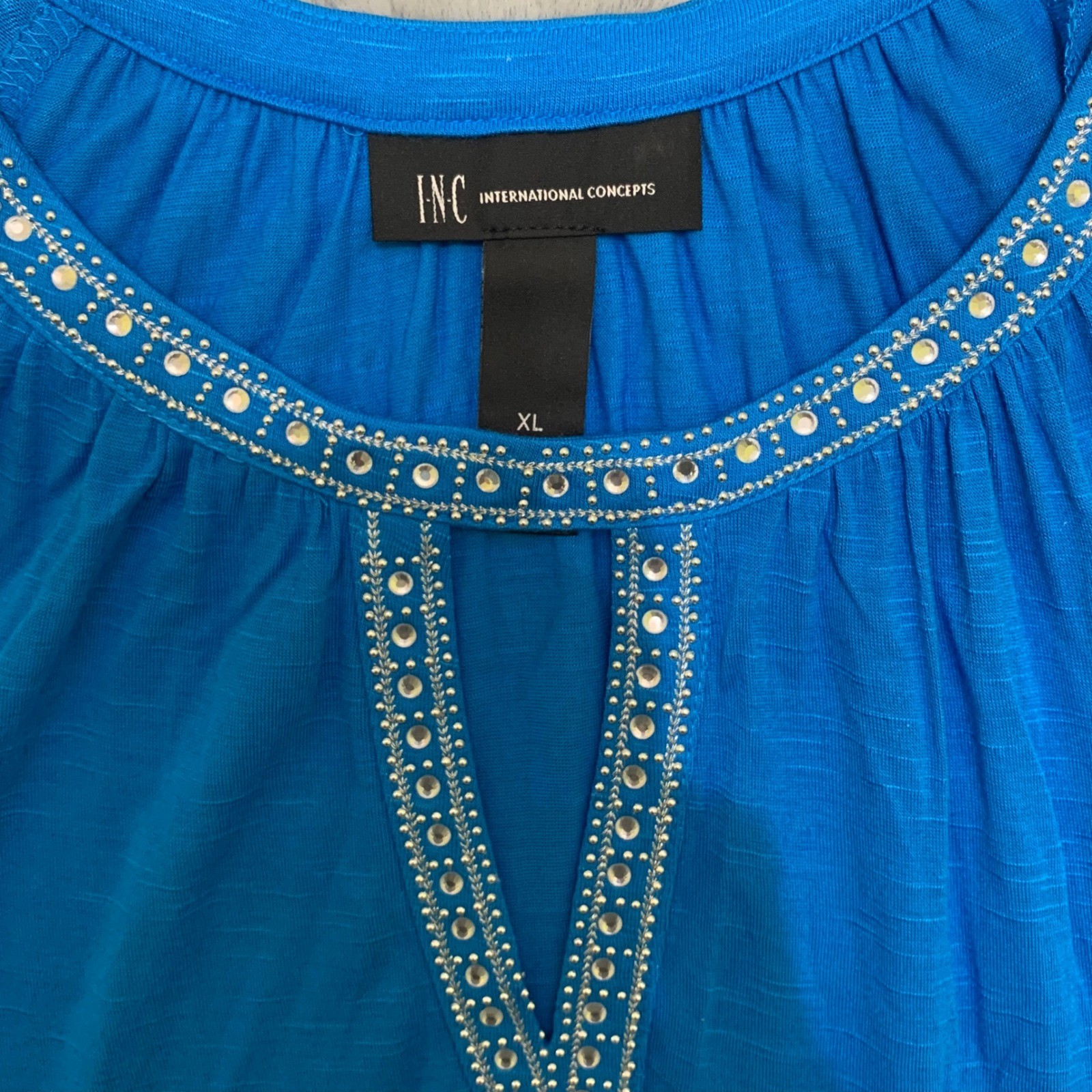 INC International Concepts Women XL Blue Cold Shoulder Rhinestone Top New w/Tags