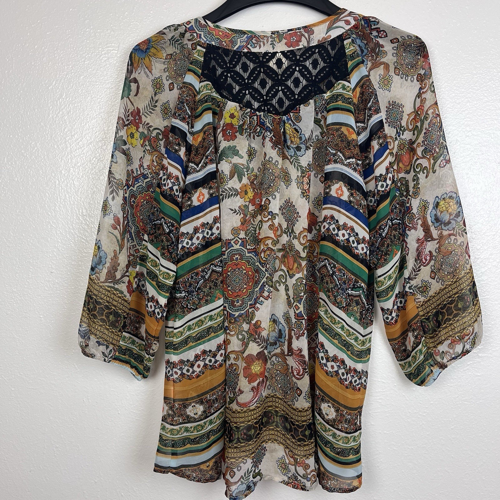 Fig and Flower Women’s Semi Sheer Multicolor Floral Blouse Peasant Size Large