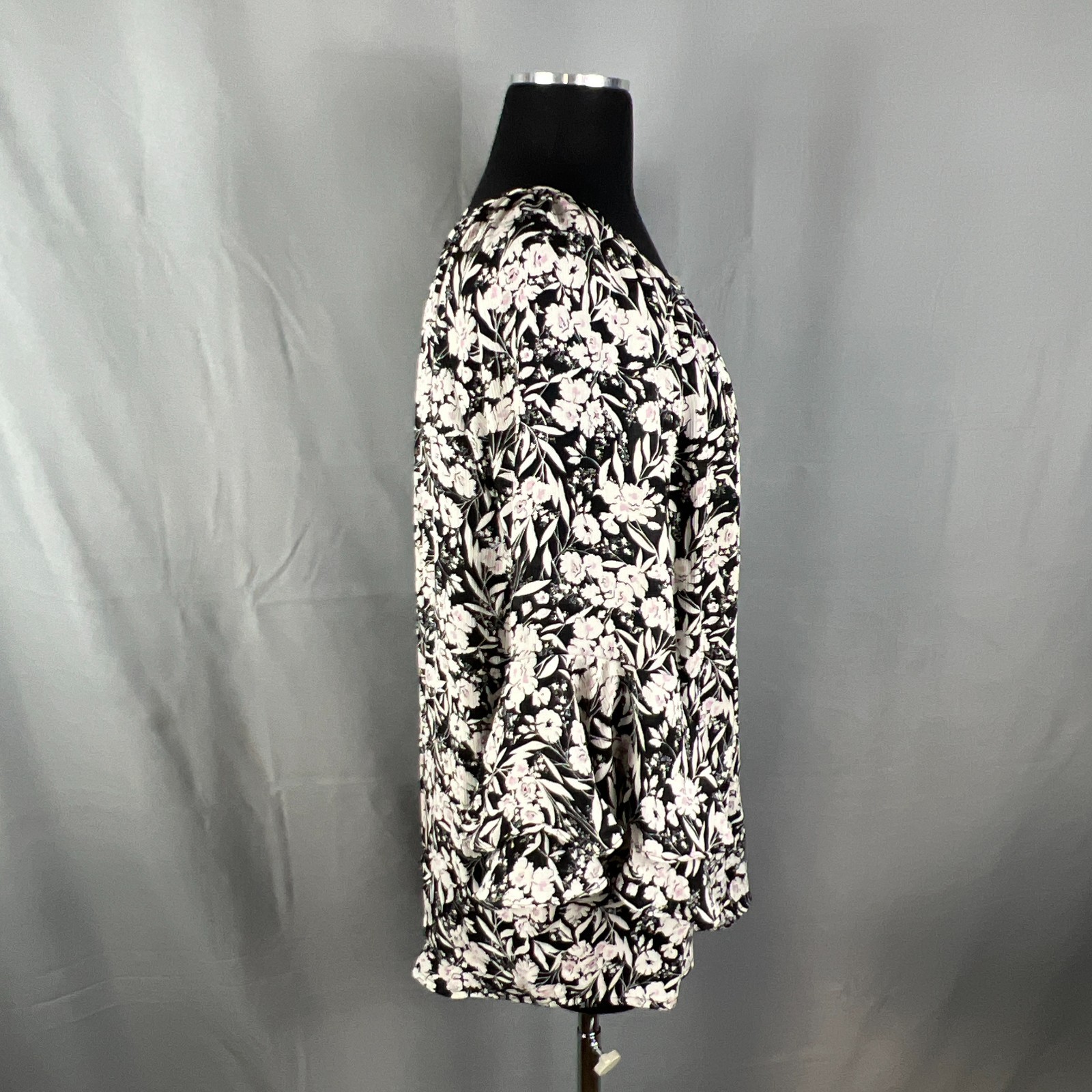 Chaps Peasant Blouse Top Womens XL Black White Floral Flowy Ruffle Bell Sleeves