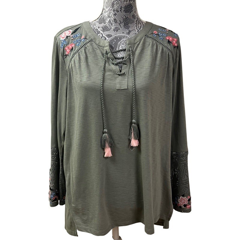 Autumnal Floral Embroidery Boho Crochet Style & Co Womens SZ OX (14) Green NEW