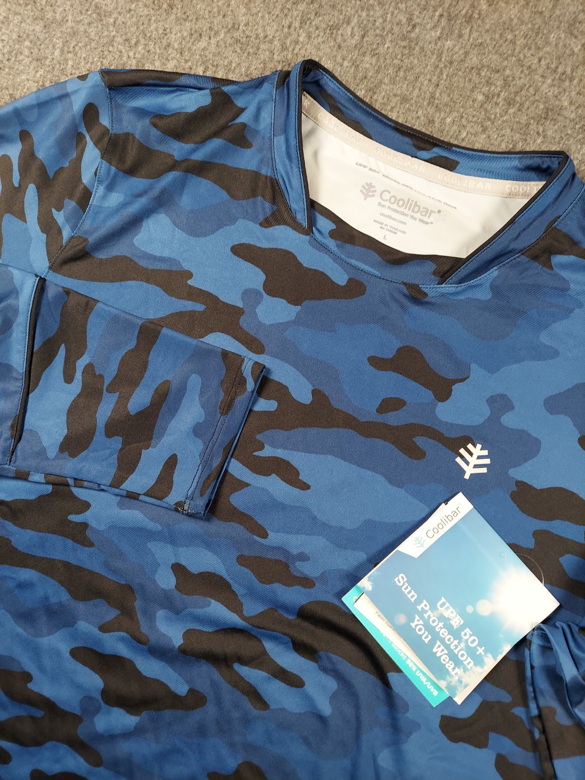 Coolibar Match Point Shirt Womens Large Blue Camo UPF 50 Stretch Long Sleeve NWT