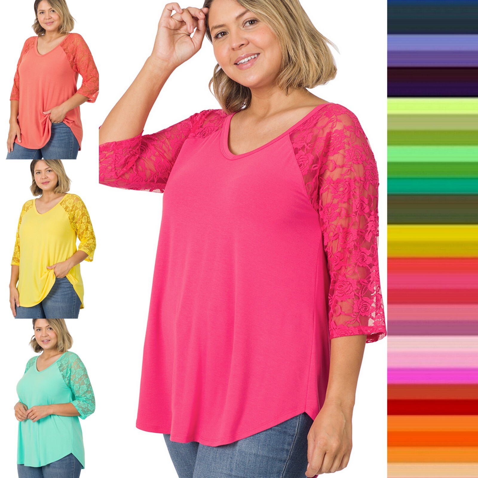 1X 2X 3X Plus Size Women V Neck Lace 3/4 Sleeve Round Hem Soft Stretch Rayon Top