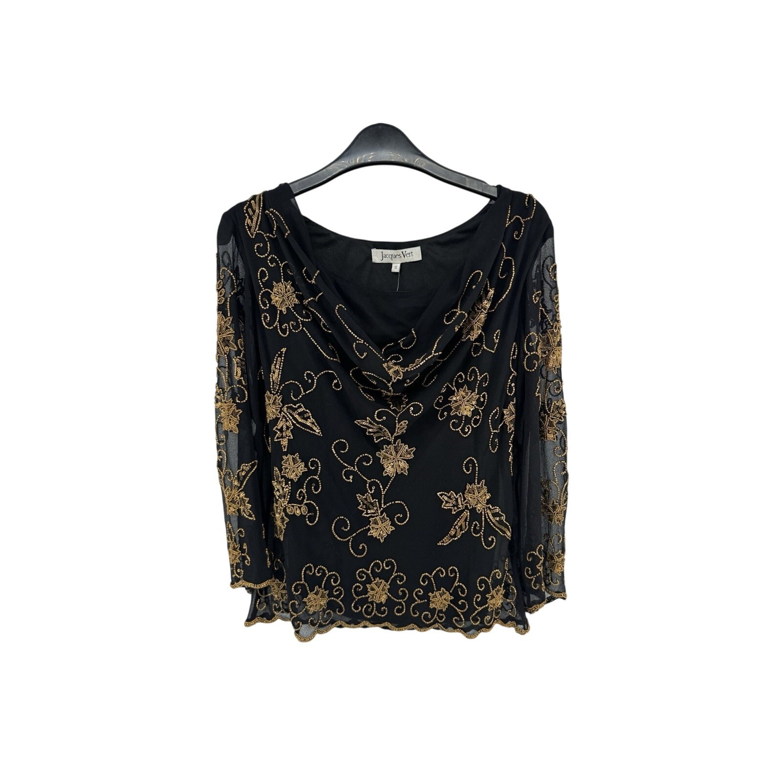 Jacques Vert Beaded Top Sheer Black Gold Beads Size 12 Vintage NWT Flaw