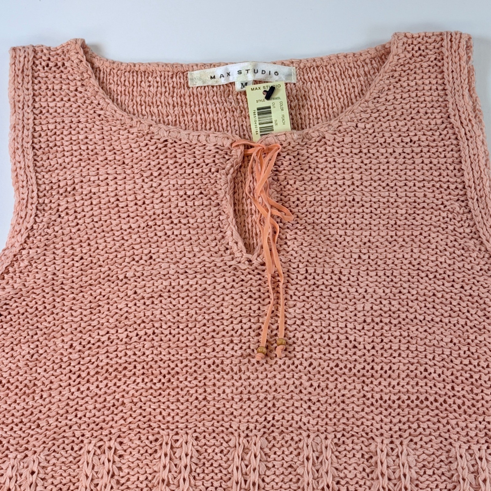 Max Studio Peach Knit Sleeveless Fringe Hem Top Keyhole Tie Womens Medium 269C3