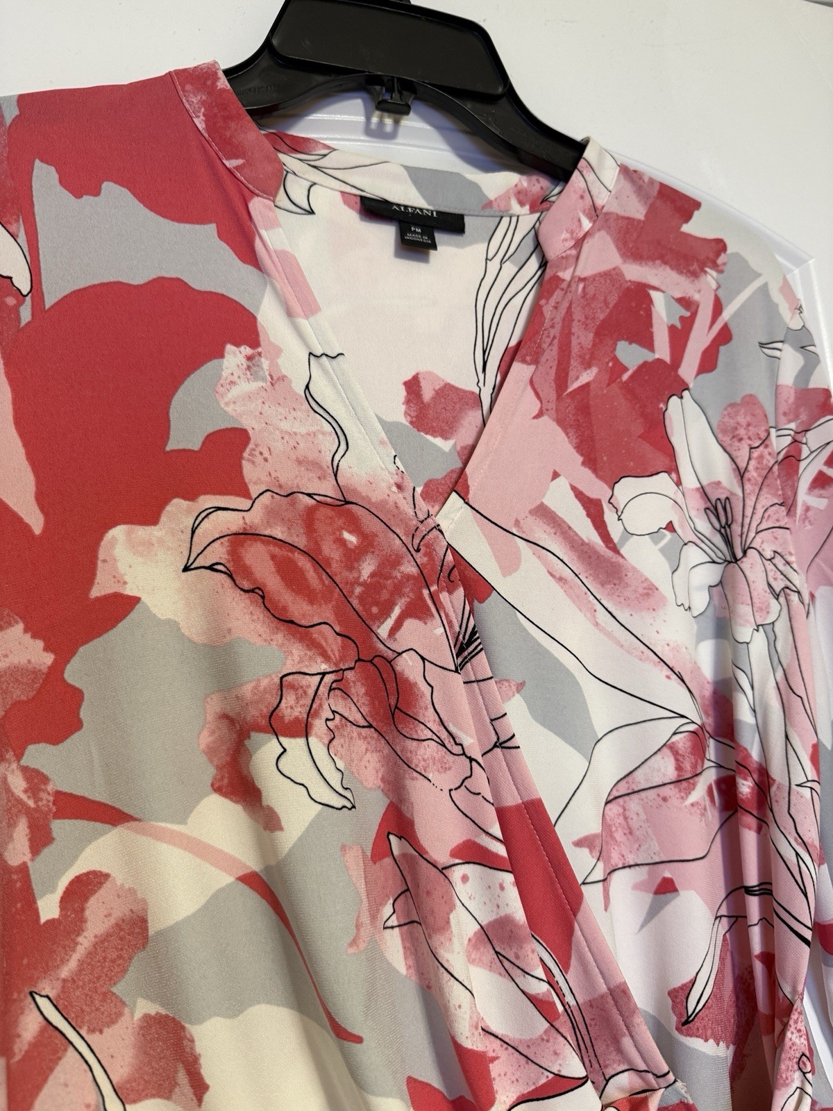 Alfani Floral Surplice Blouse – Pink White Grey – Petite Medium