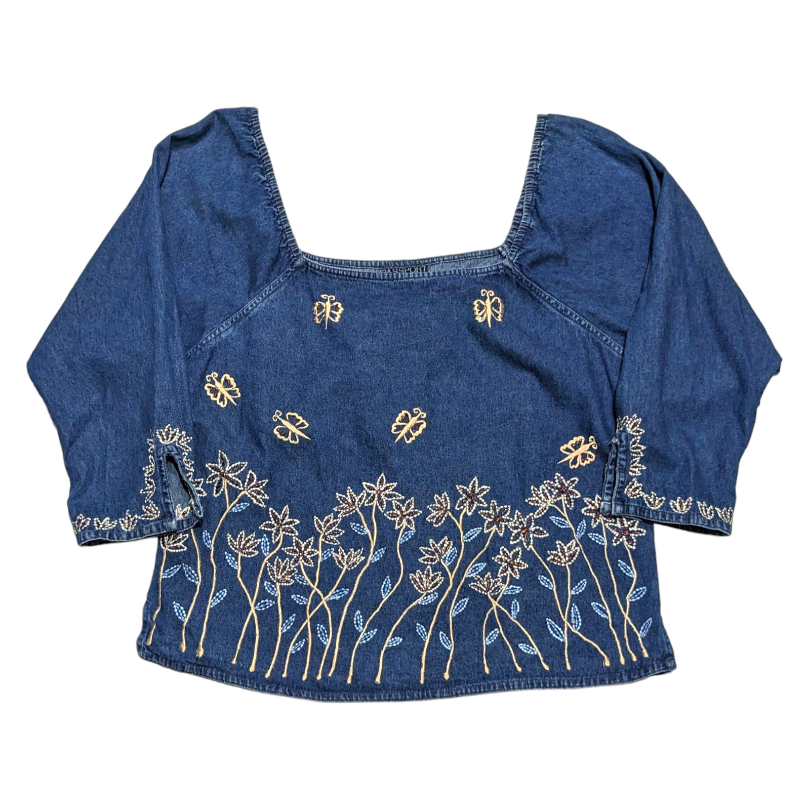 Vintage 90s Passport Denim Embroidered Top Size M Off The Shoulder Floral Boho