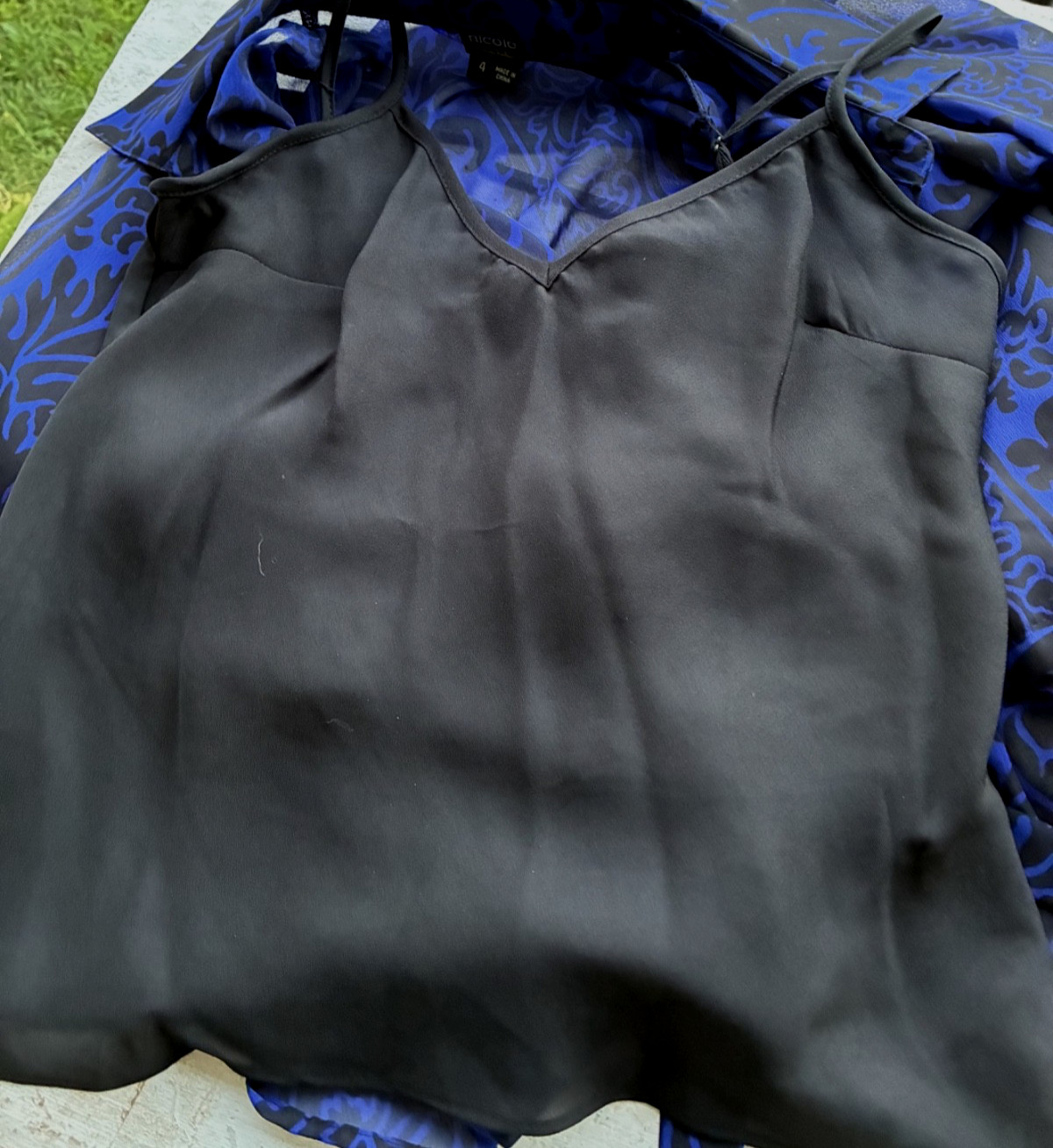Nicole Miller Blouse Blue&Black Sheer w/Camisole Long Sleeves Button Up NWT