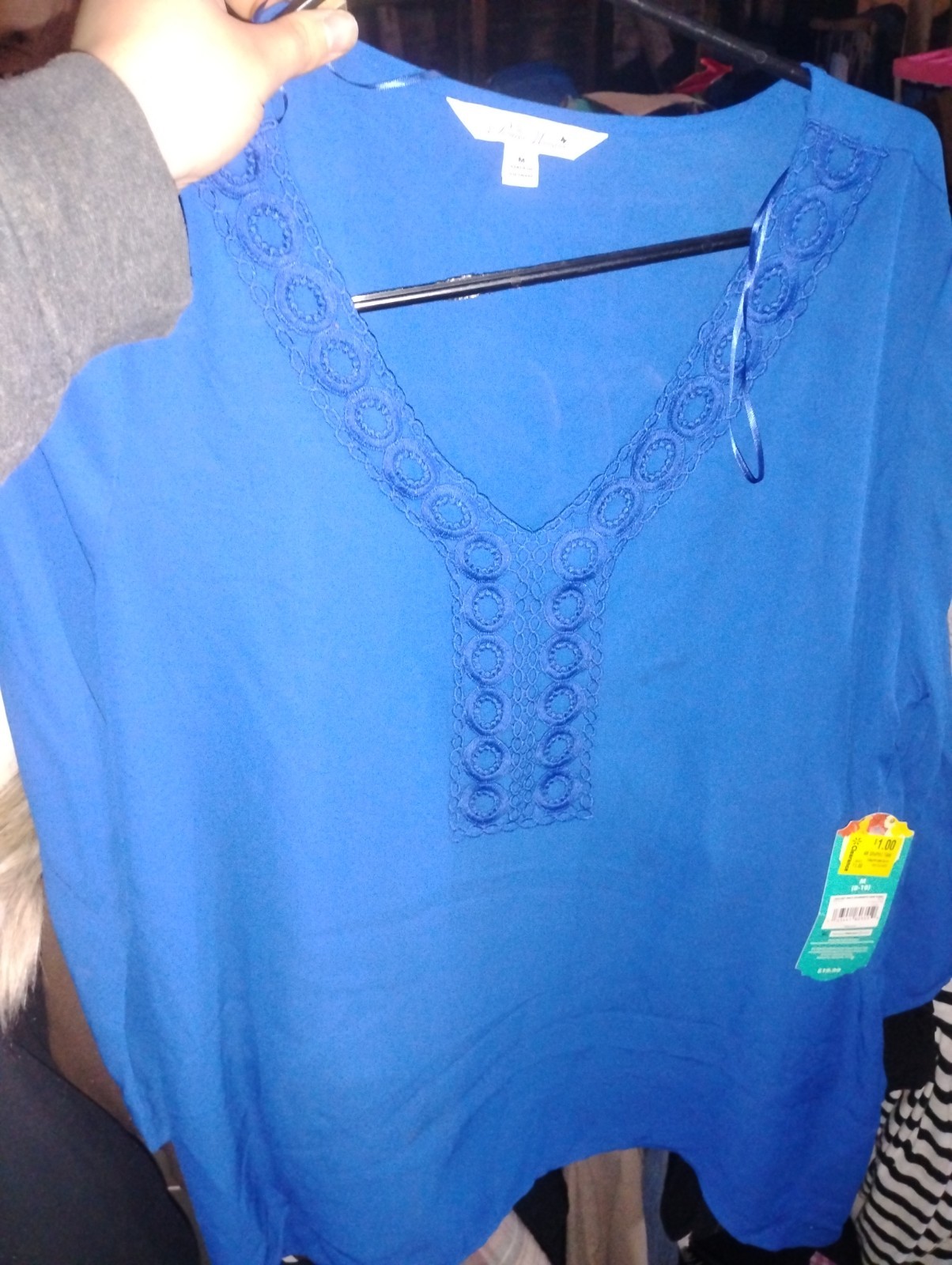 crochet sharkbite hem tunic pioneer woman polyester medium 8-10 blue blouse nwt