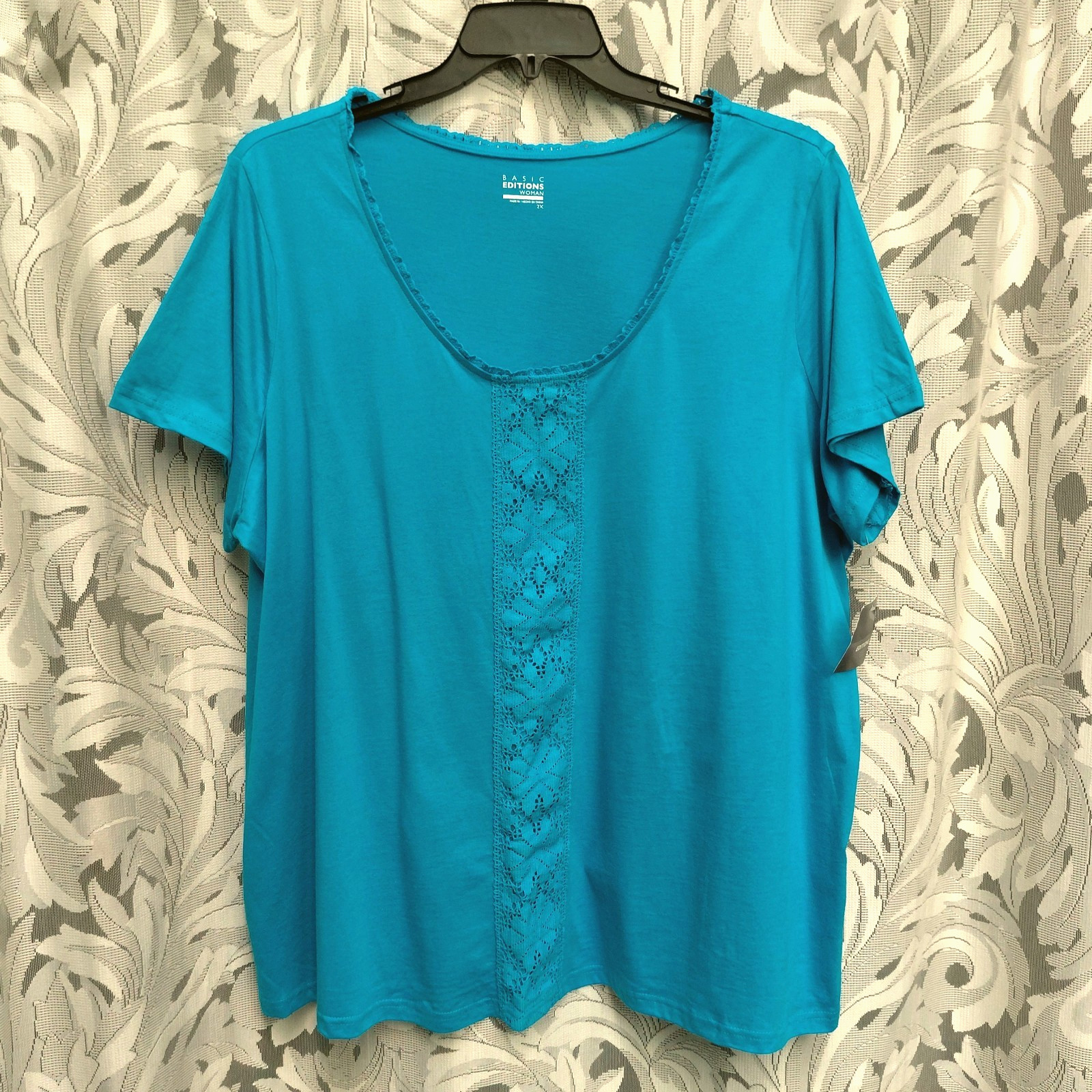 2X BASIC EDITIONS 100% COTTON STRETCH KNIT BLUE LACE TOP T-SHIRT NEW OLD STOCK
