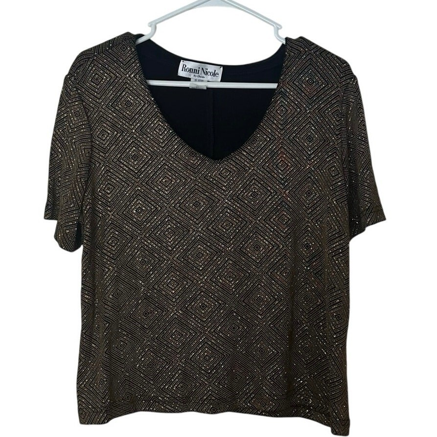 Vintage Ronni Nicole by Ouida Sparkle Glitter Gold V-Neck Lined Top Size XL