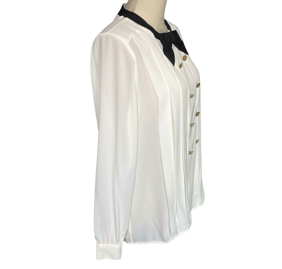 VTG La Chine Classic IVORY PLEATED TOP BLOUSE Pussy Bow Gold Buttons Silky SZ 12