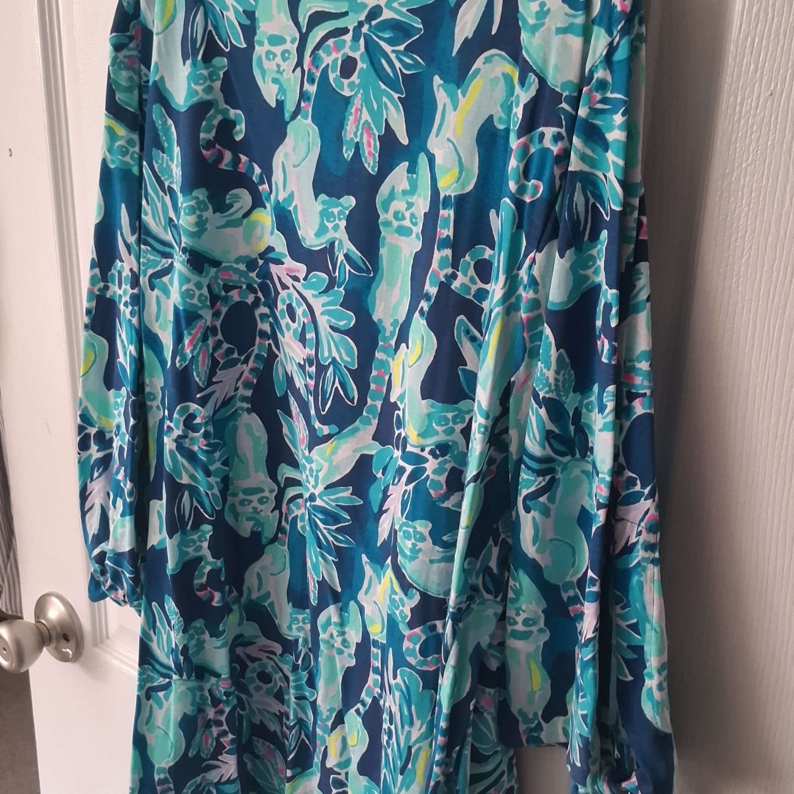 Lilly Pulitzer Blue Green Floral Scoop Neck Pima Cotton Blouson Mini Dress XL