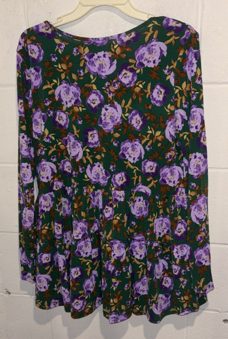 Be Stage Womens L Green Purple Boho Floral Print Long Sleeve Babydoll Tunic Top
