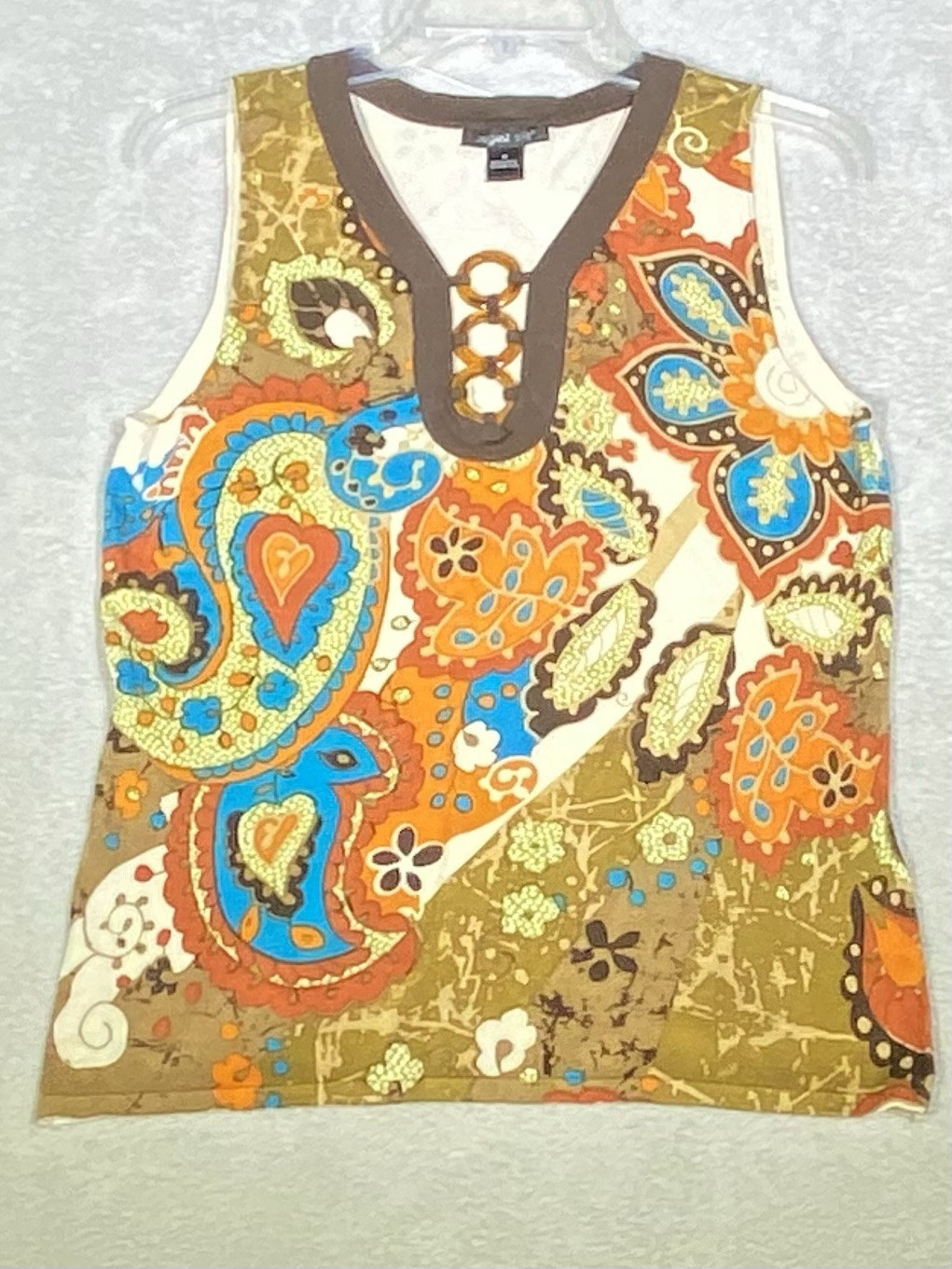 August Silk Sleeveless Knit Top Women’s Medium Orange Paisley Silk Viscose Blend