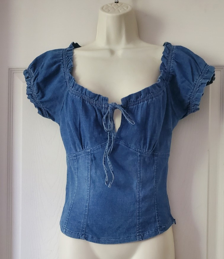 XOXO y2k Lightweight Denim Corset Tie Back Top Blouse M Cottage Boho Peasant