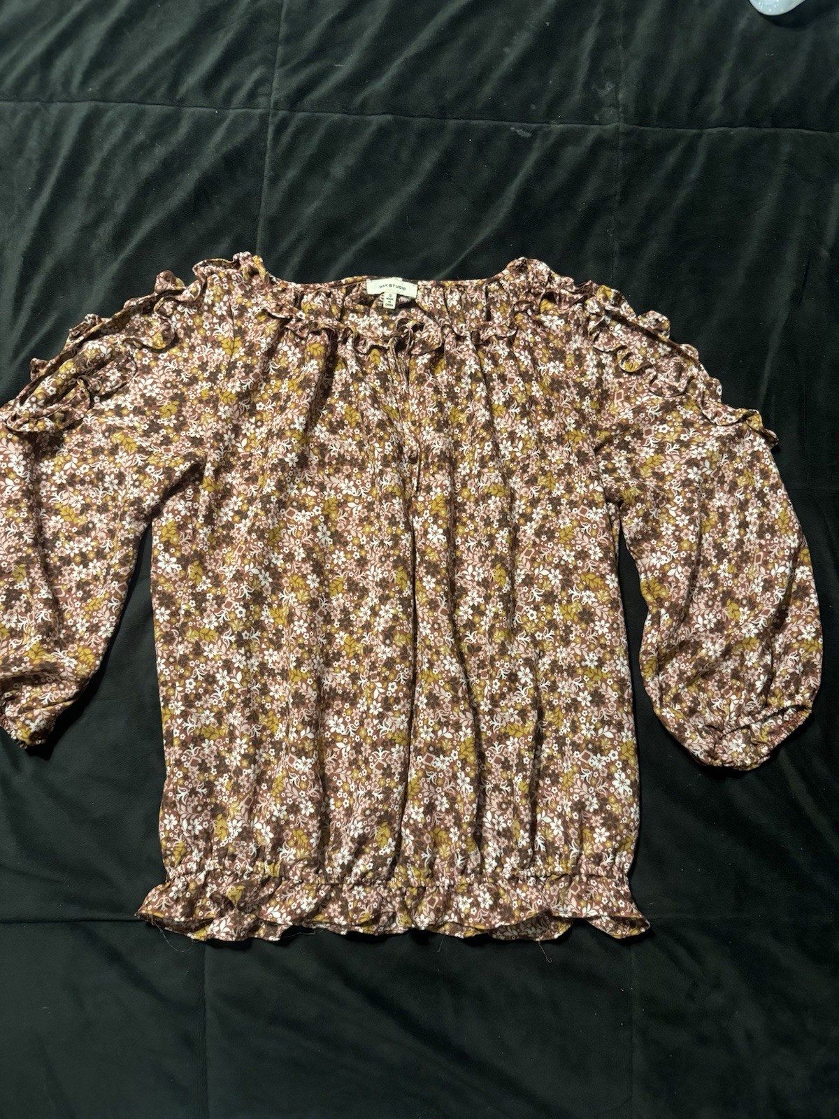 Max Studio Womens Small Floral Blouse Brown Ruffle 3/4 Sleeve Boho Peasant Top