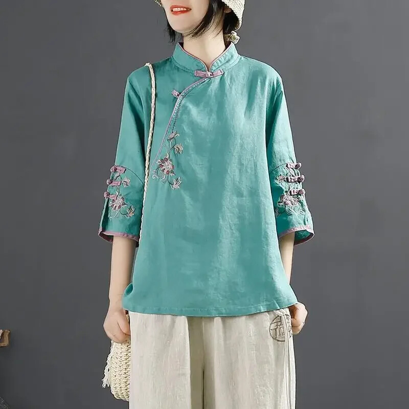 Lady Top Chinese Blouse Shirt Embroidered Floral Mandarin Collar Vintage Ethnic