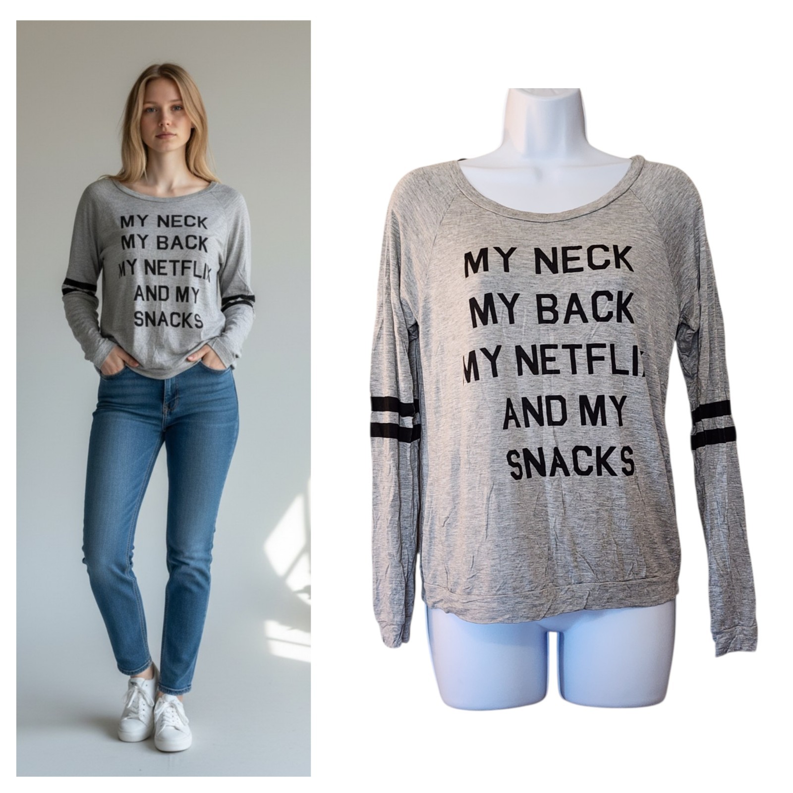 French Pastry Womens Graphic Netflix Quote Tee Size M Long Raglan Sleeve Stretch