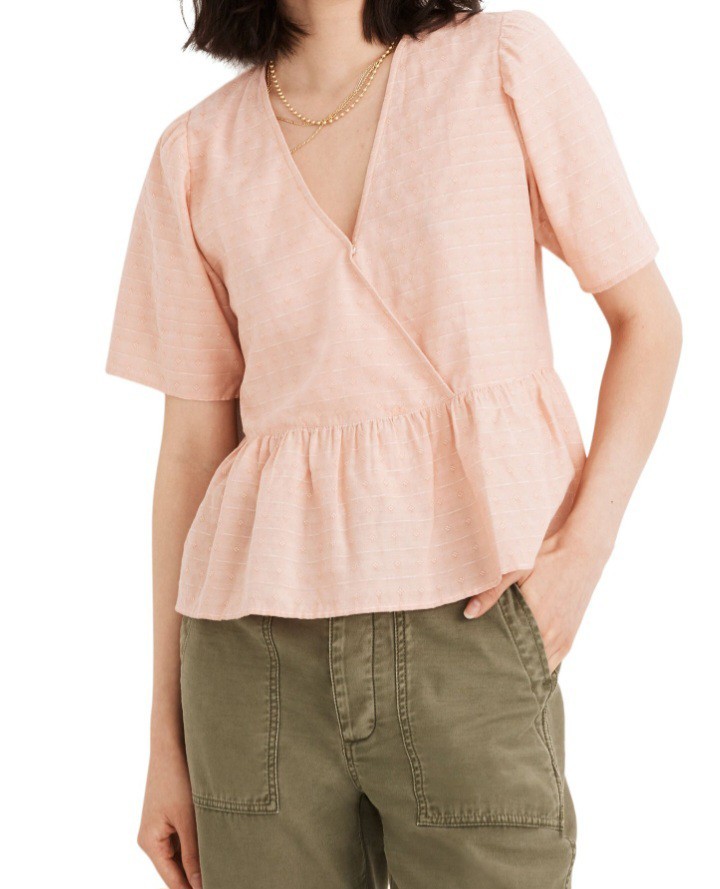 Madewell Women XXS Cotton Crossover Surplice V Neck Peplum Top Blouse Coral (GN)