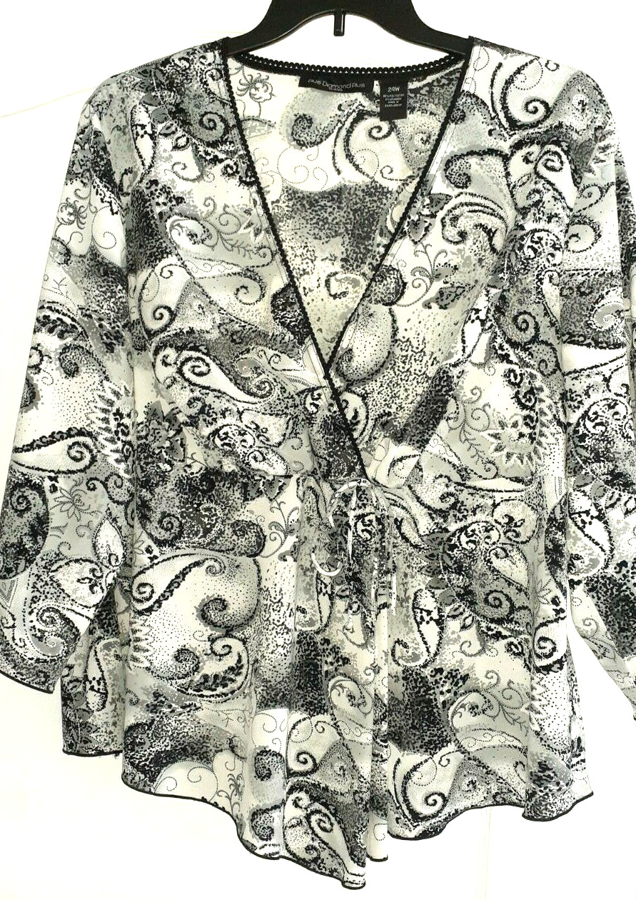 BLUE DIAMOND 24W Surplice Top Black Gray White Paisley Lace Flare 3/4 Sleeve