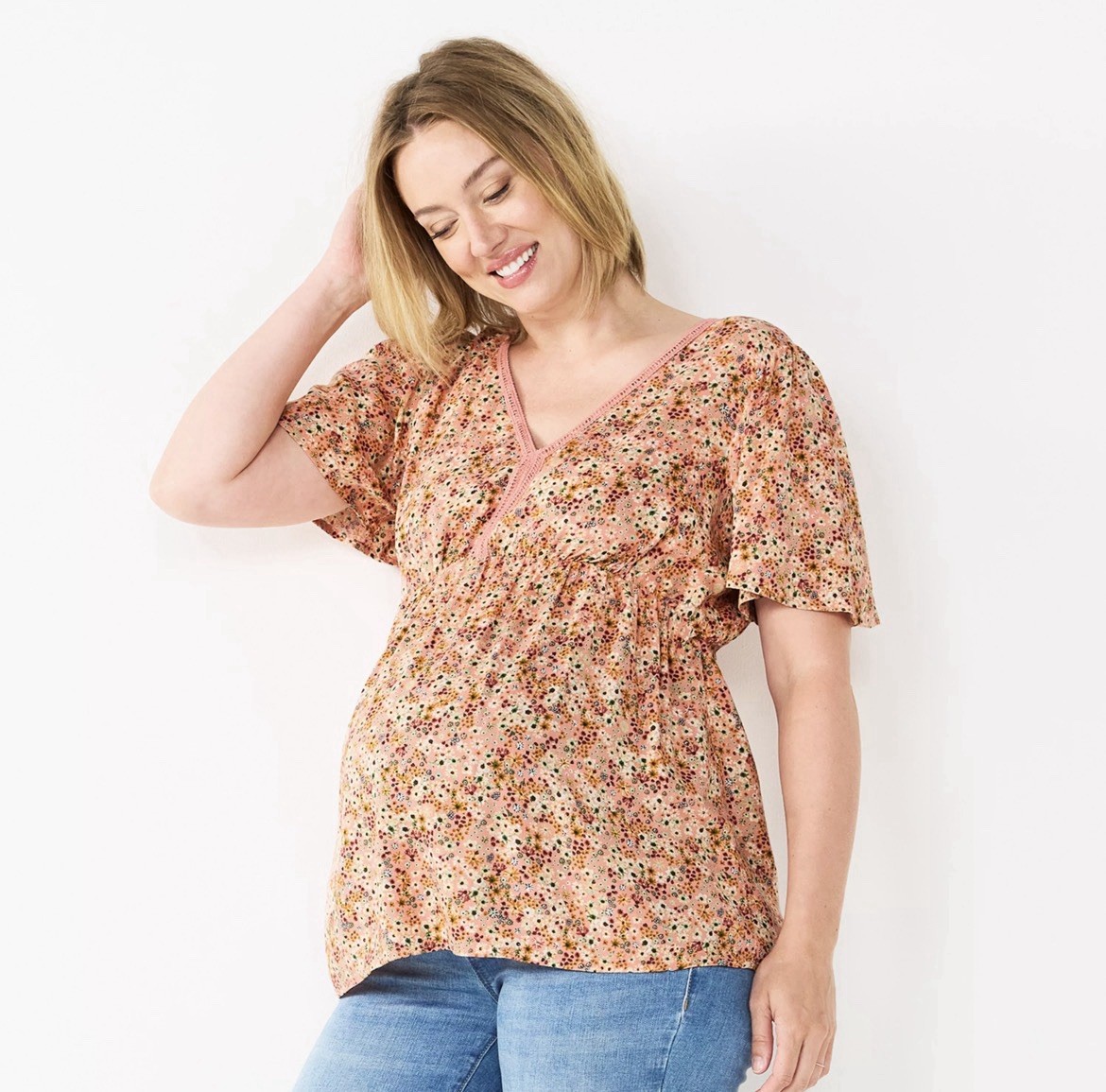 Sonoma Maternity Flutter Sleeve Babydoll Floral V Neck Top Size Small Crochet