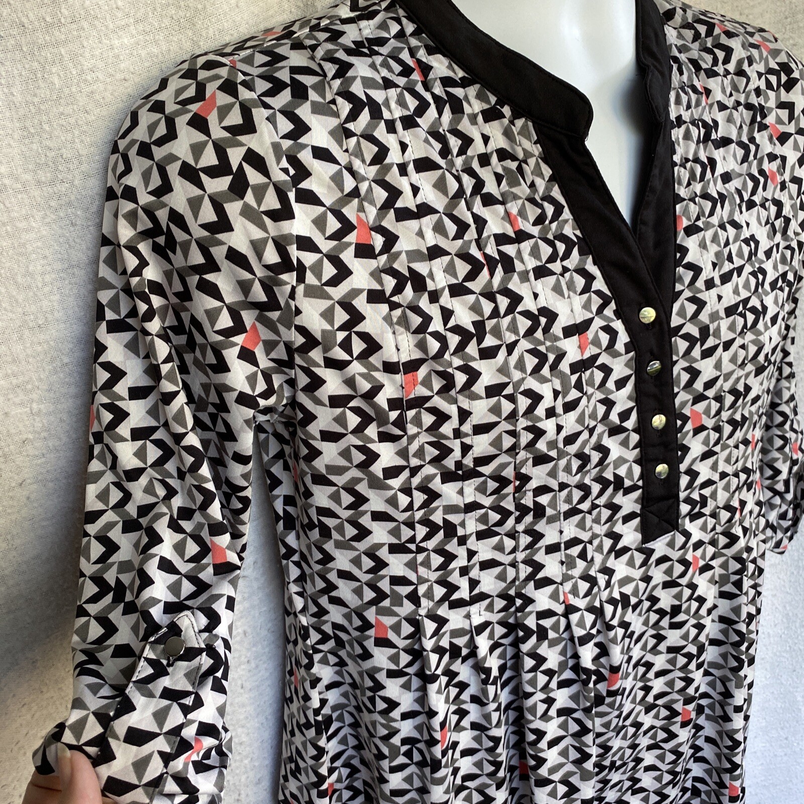 Robert Louis Geometric Pattern Blouse 3/4 Sleeve Metal Buttons Small