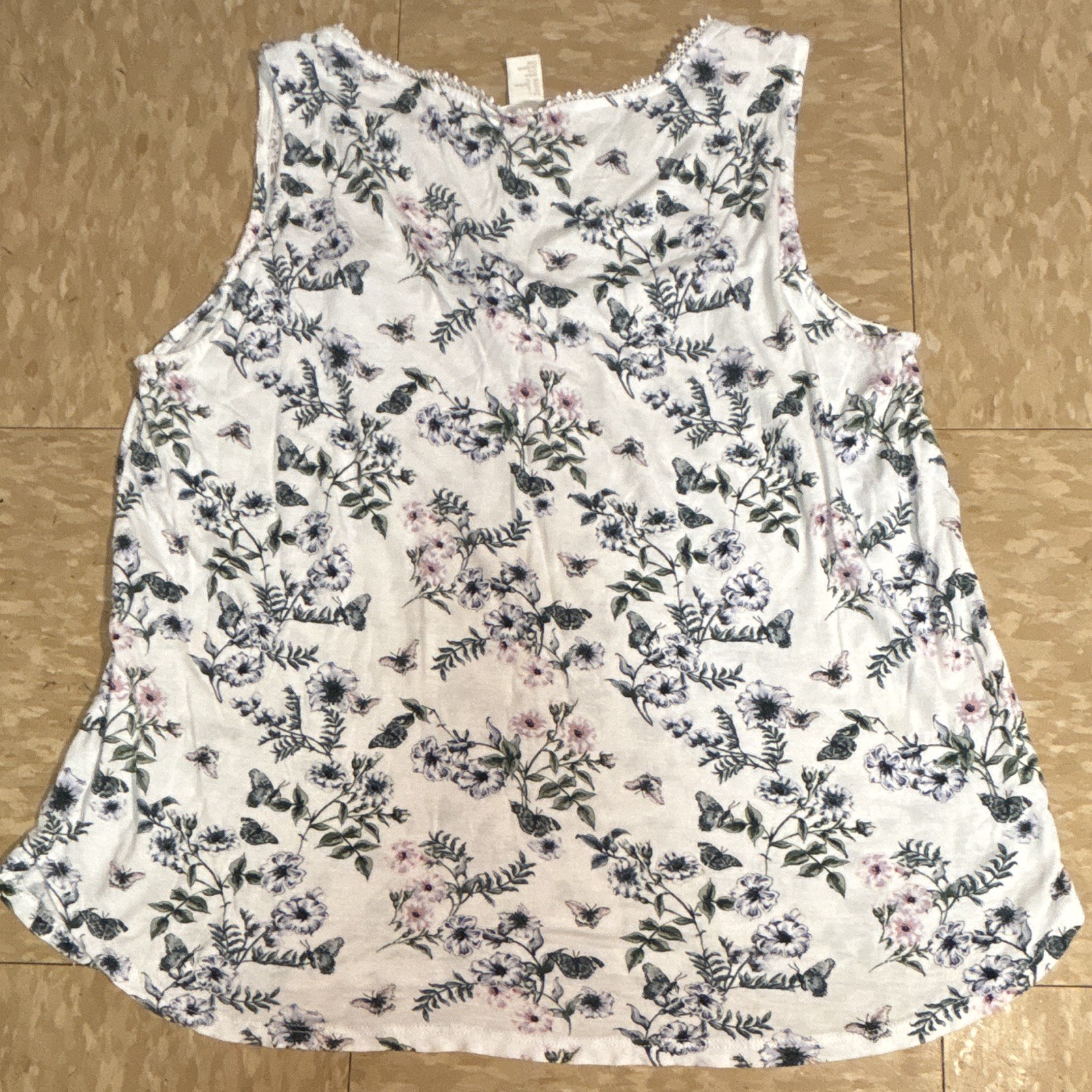 H&M Women’s White Blue Pink Floral Lace Yoke Round Neck Tank Top Size L