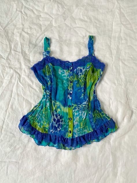 Y2K Per Una Festival Ruffle Hem Boho Fairy Cami Top Lace Trim Blue Green Tunic