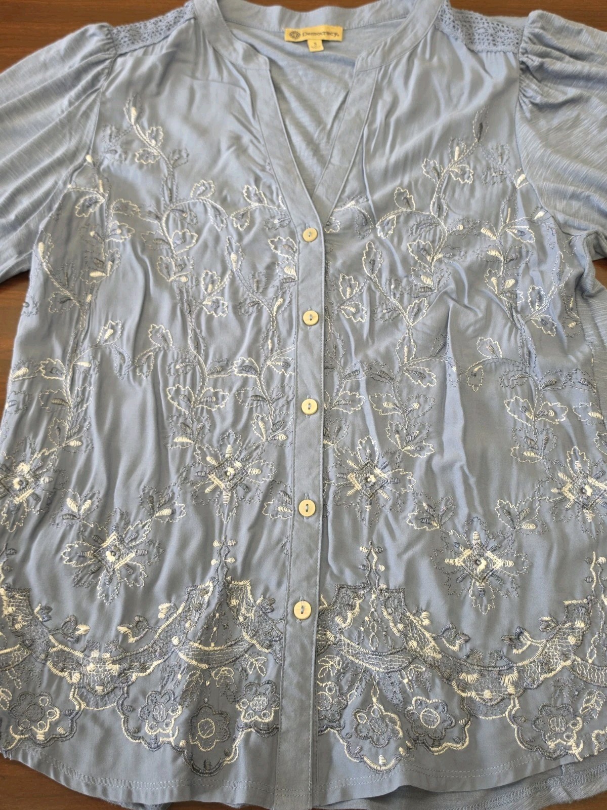 Democracy Blue Embroidered Boho Peasant Blouse Women Small 3/4 Sleeve Floral Top