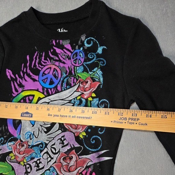 Hide & Seek Jerry Leigh Peace Dove Rose Glitter Thermal Graphic Top Black S