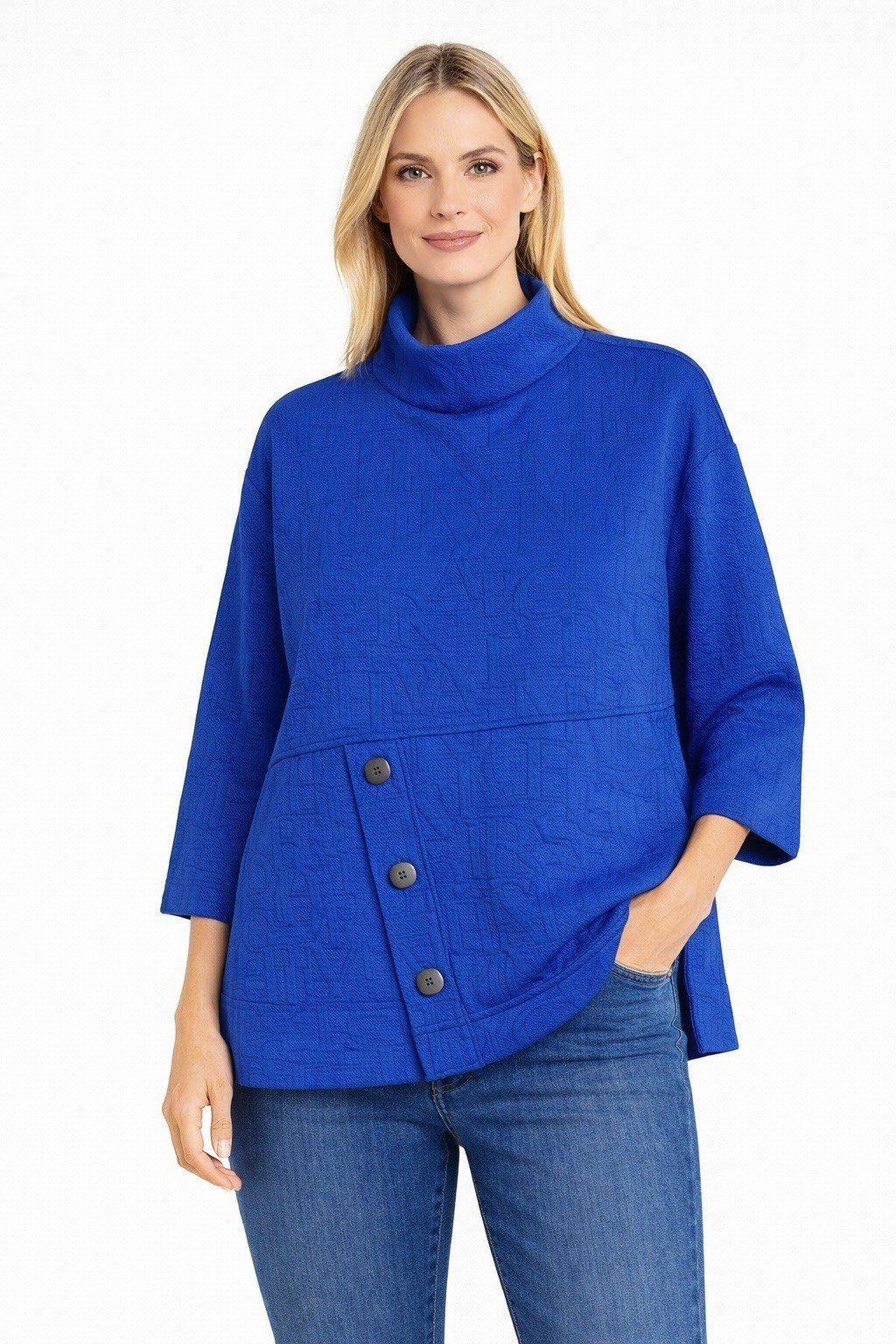 Ali Miles Alphabet Blue Cowl Neck Knit Tunic Blouse Shirt Top Sz US M, L, XL NEW