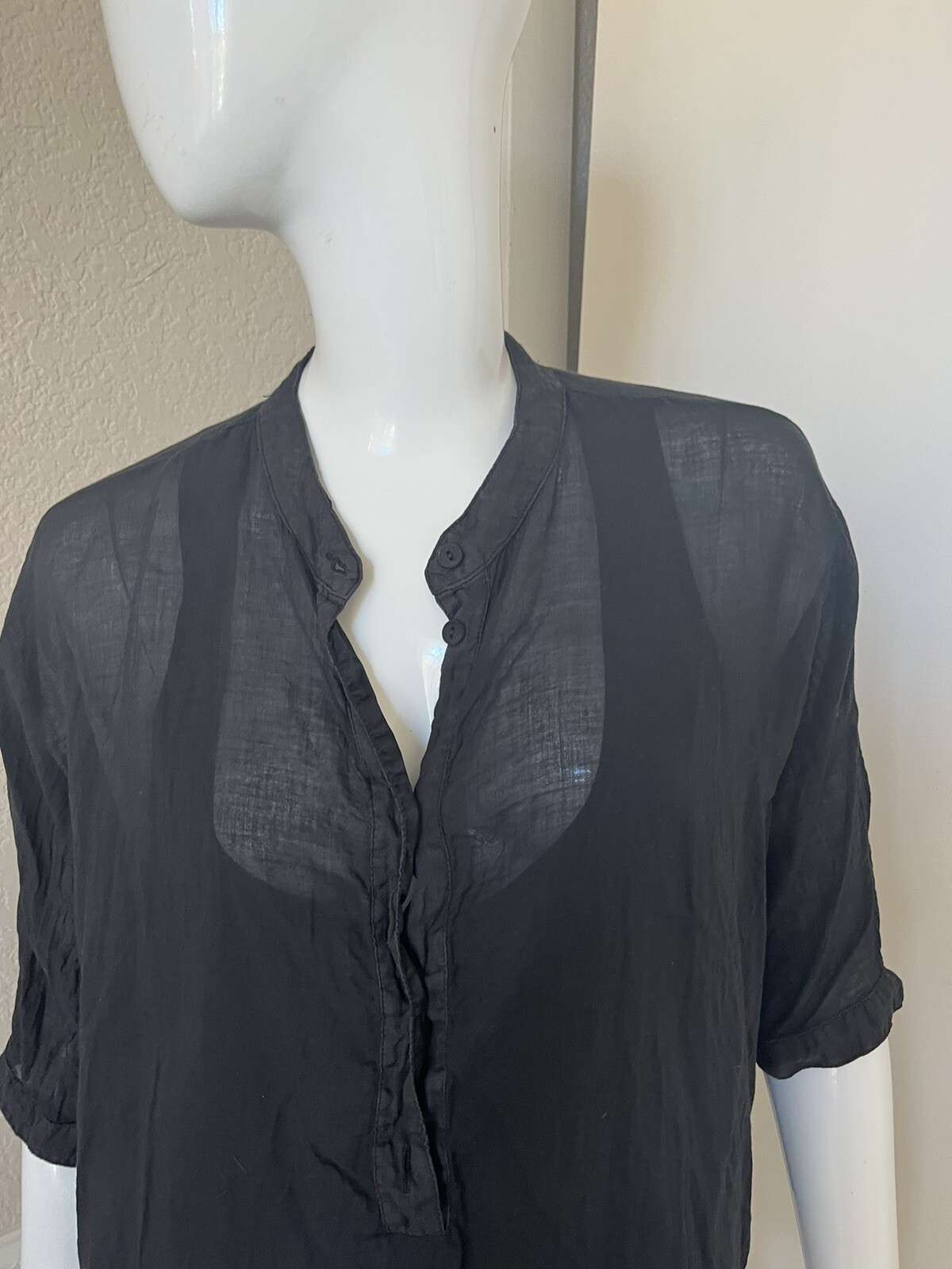 EUROPEAN CULTURE Black Sheer Cotton/Ramie Blouse w/ Attached Tank Top Sz L