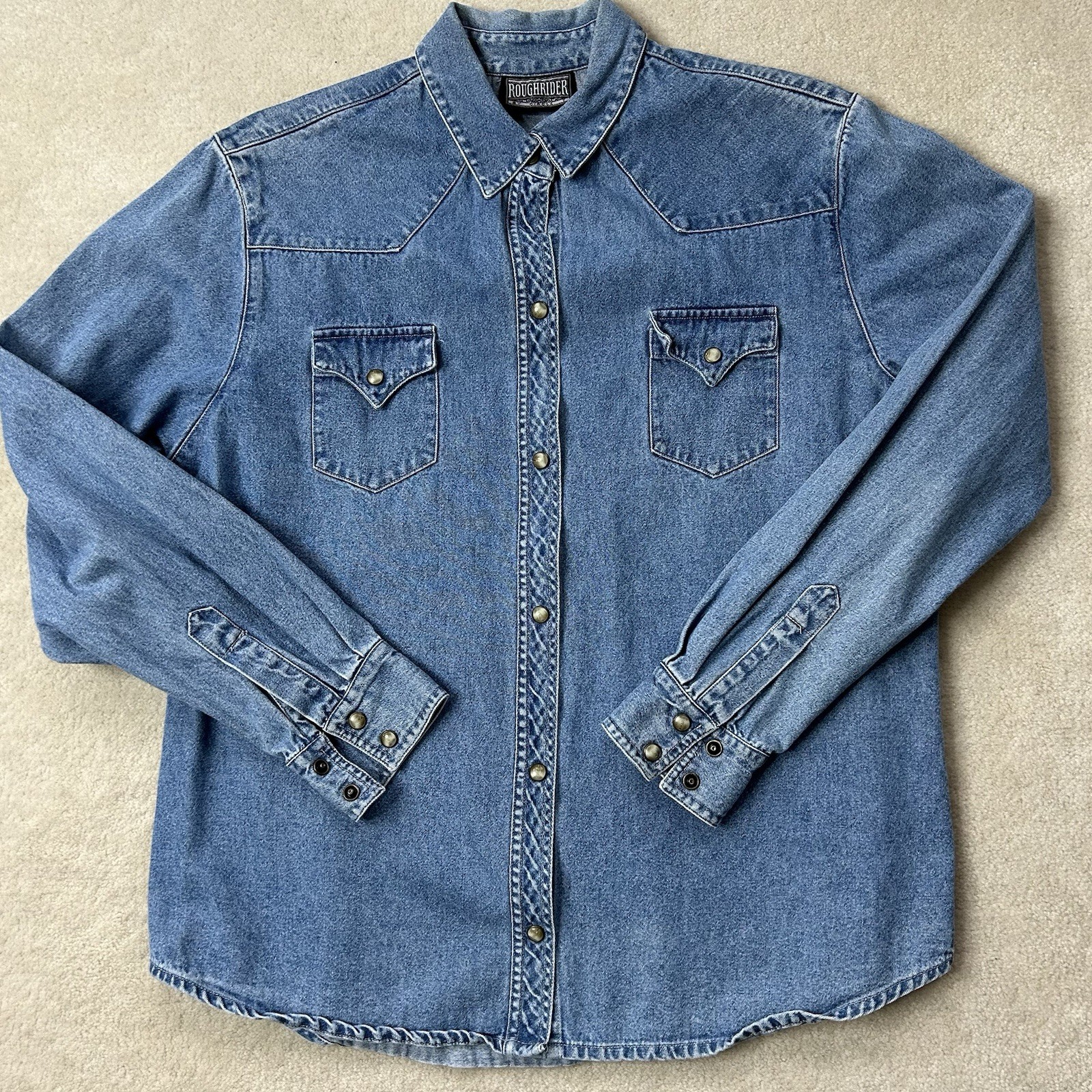 Vintage Roughrider Circle T Shirt Women Large Denim Pearl Snap Western Cowgirl