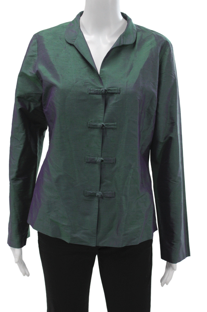Harari Unisex 100% Silk Collared Long Sleeve Blazer Green Tie Size M