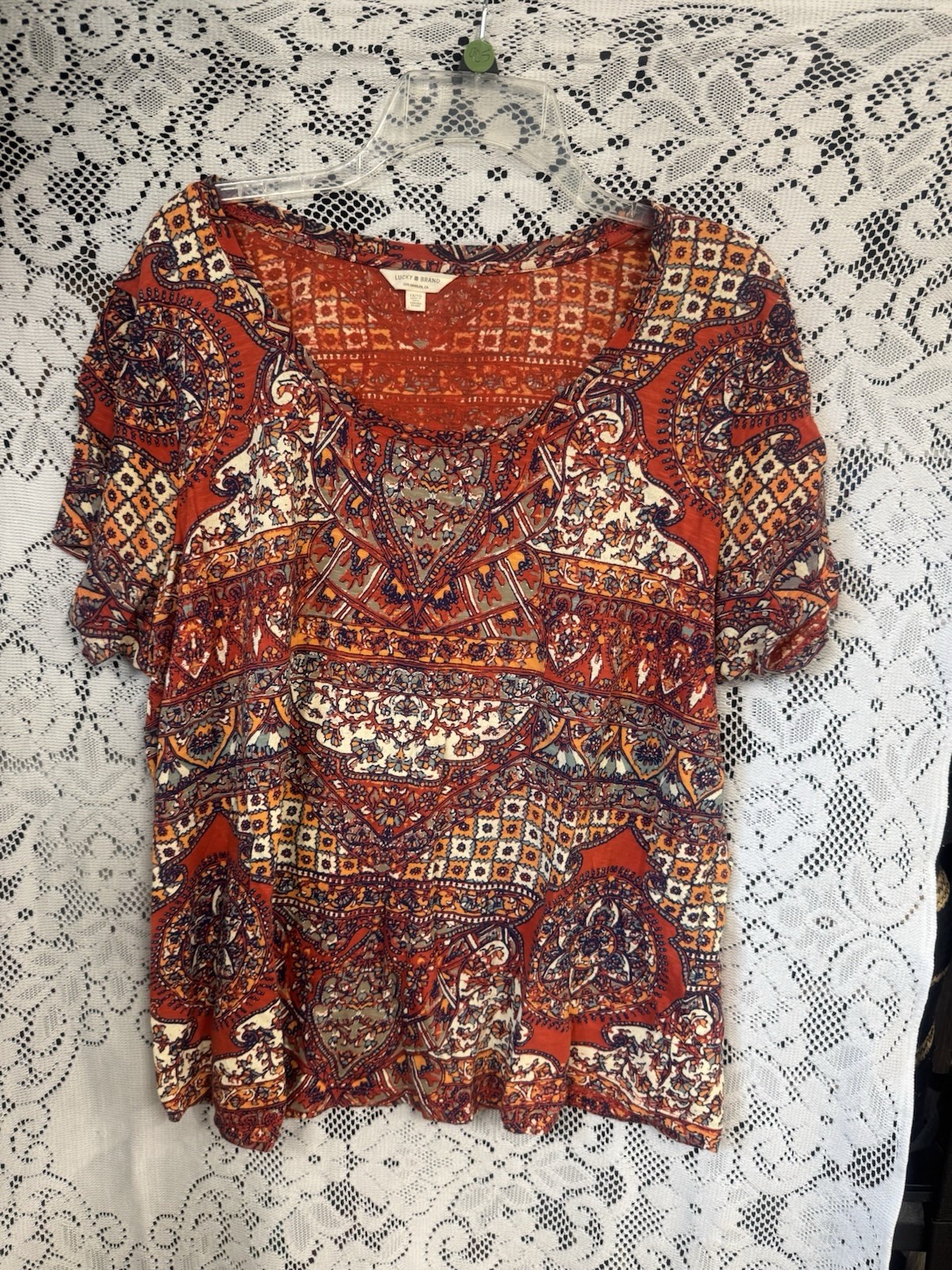 Lucky Brand Persian Carpet Tee 1X Boho Chic Colorful Office Festival Scoop Neck