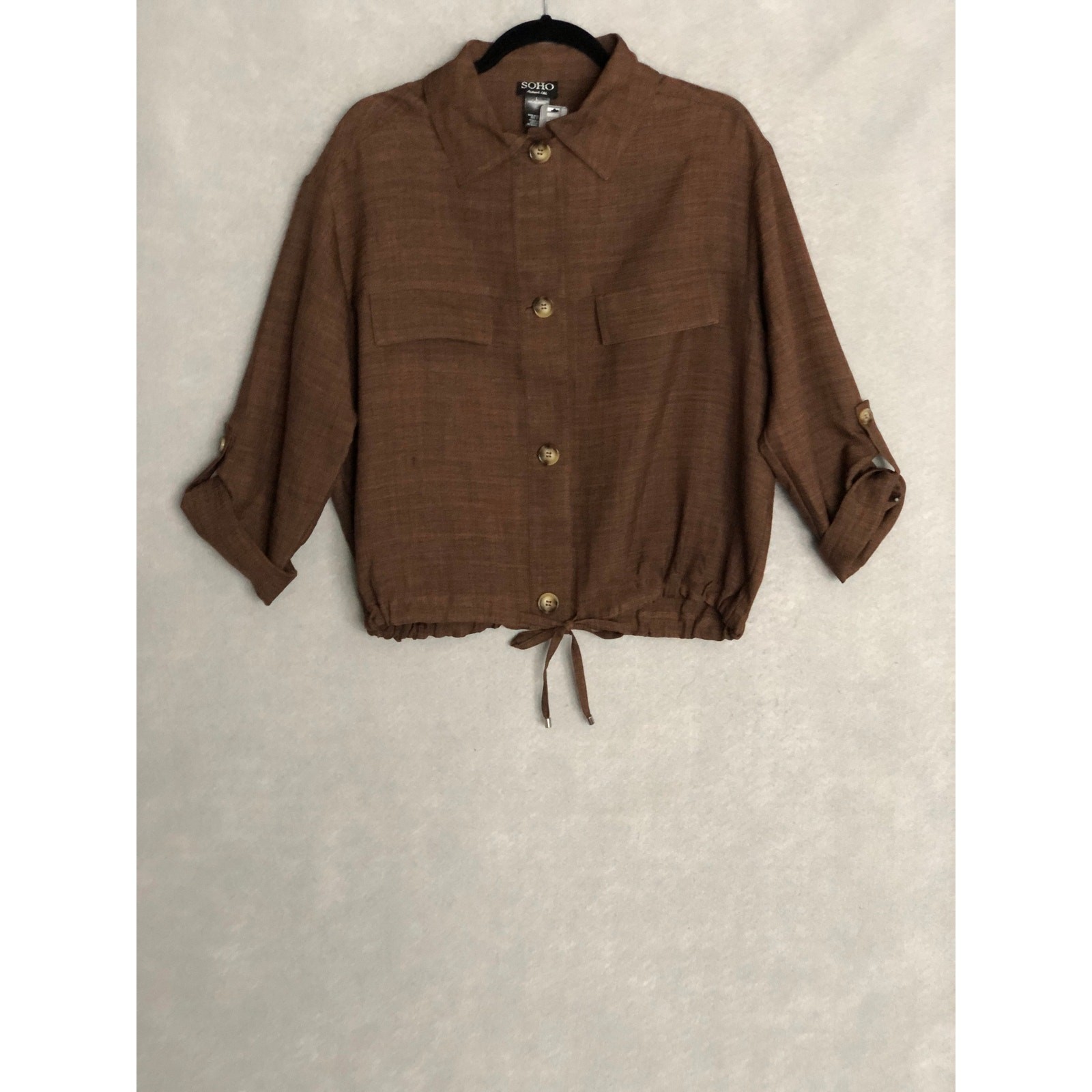 Soho Apparel LTD Drawstring Top Roll Tab Sleeves Brown Women’s Large NEW