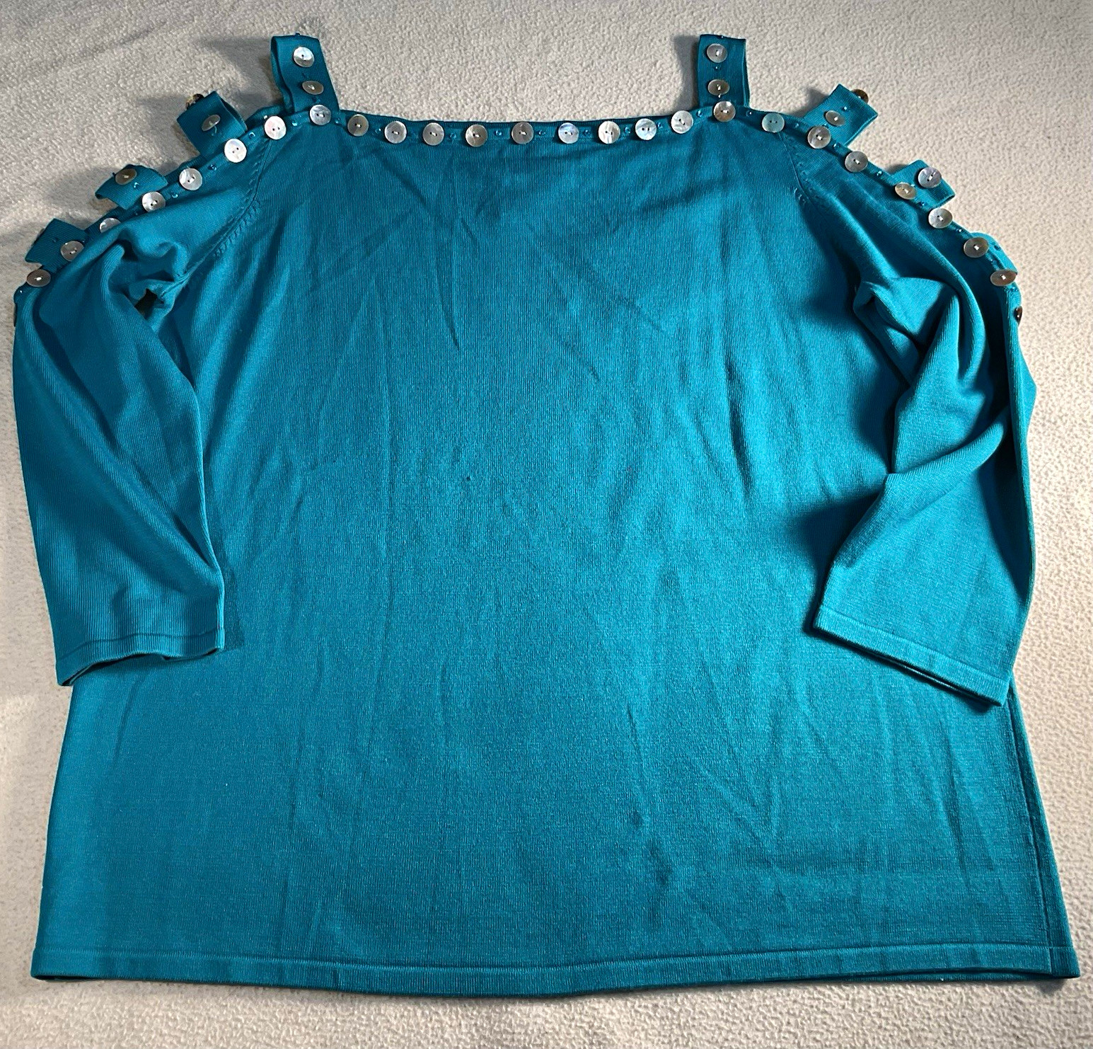 Sully Bonnelly Women’s L Blue Solid Knit Square Neck 3/4 Sleeve Sequin Blouse