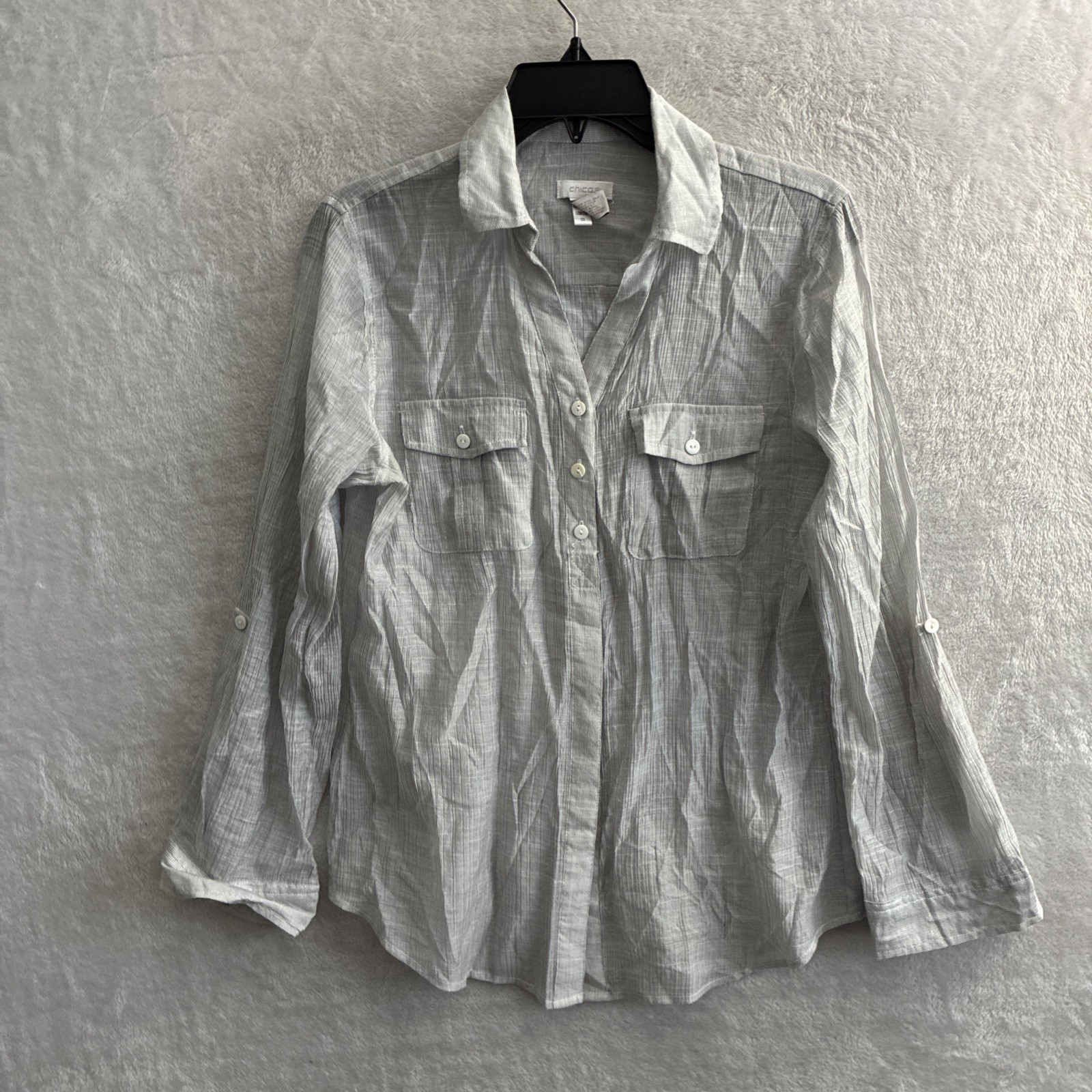 Chicos Womans Button Top Solid Gray Stripe S 0 Cotton Long Sleeve Collar Pocket