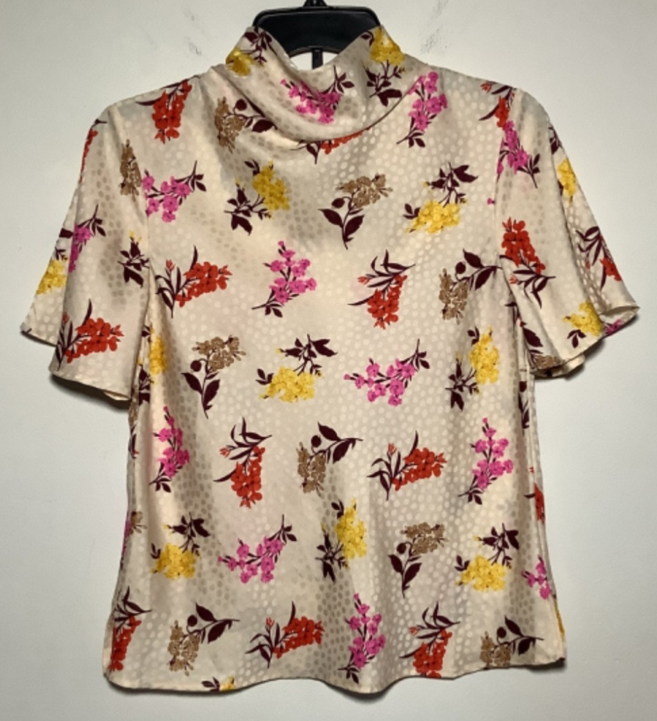 Ann Taylor Floral High Neck Blouse Short Sleeve Top cream beige Sz XSP Petite XS