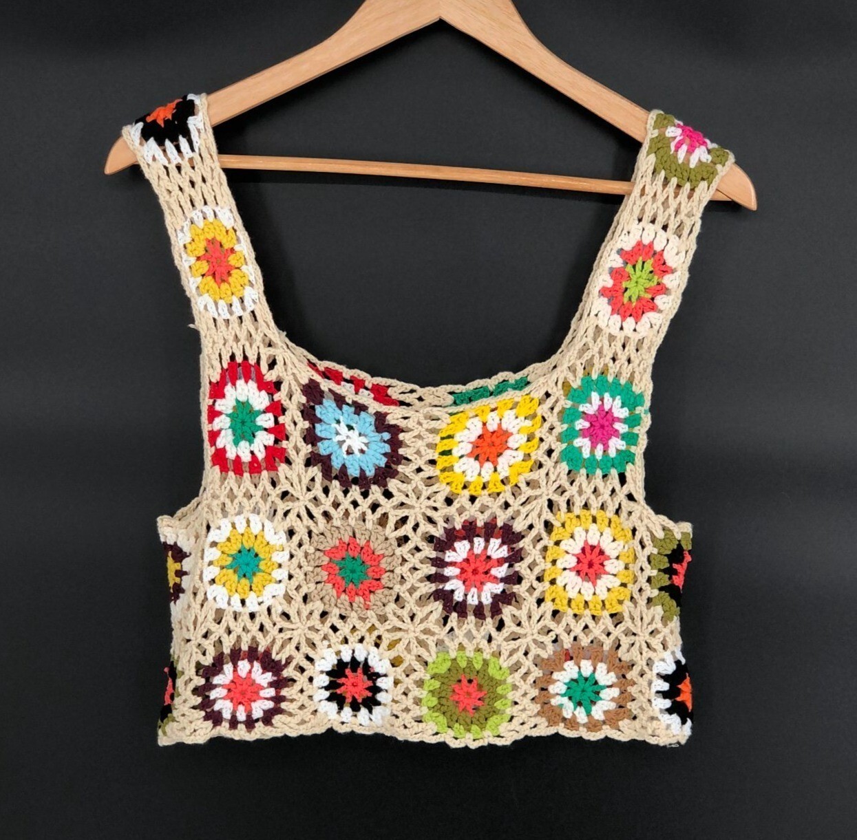 Womens Crochet Granny Square Crop Top S Festival Boho Chic Retro Hippie Bohemian