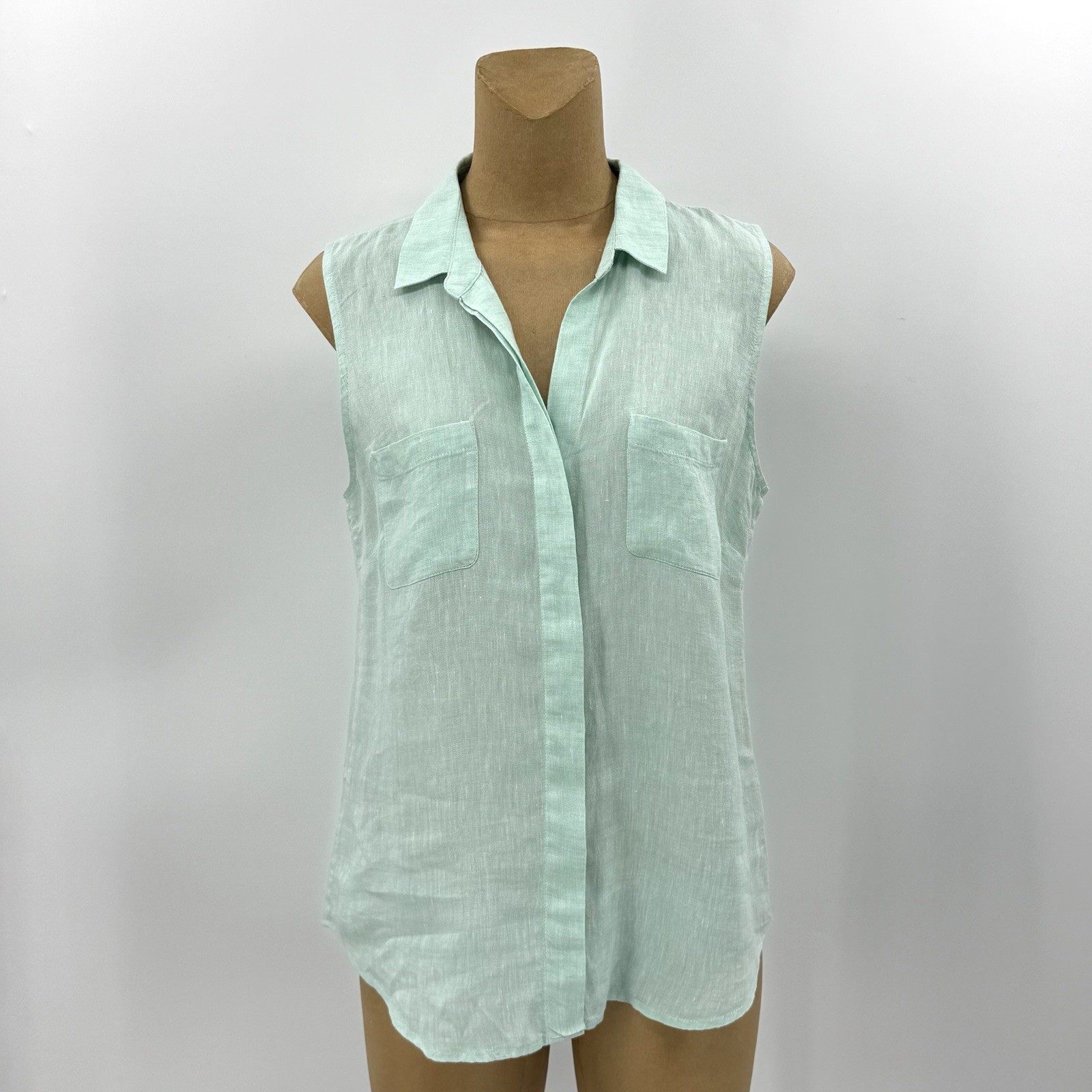 SAKS FIFTH AVENUE 100% Linen Large 10/12 Sleeveless Mint Blue Green Top Womens