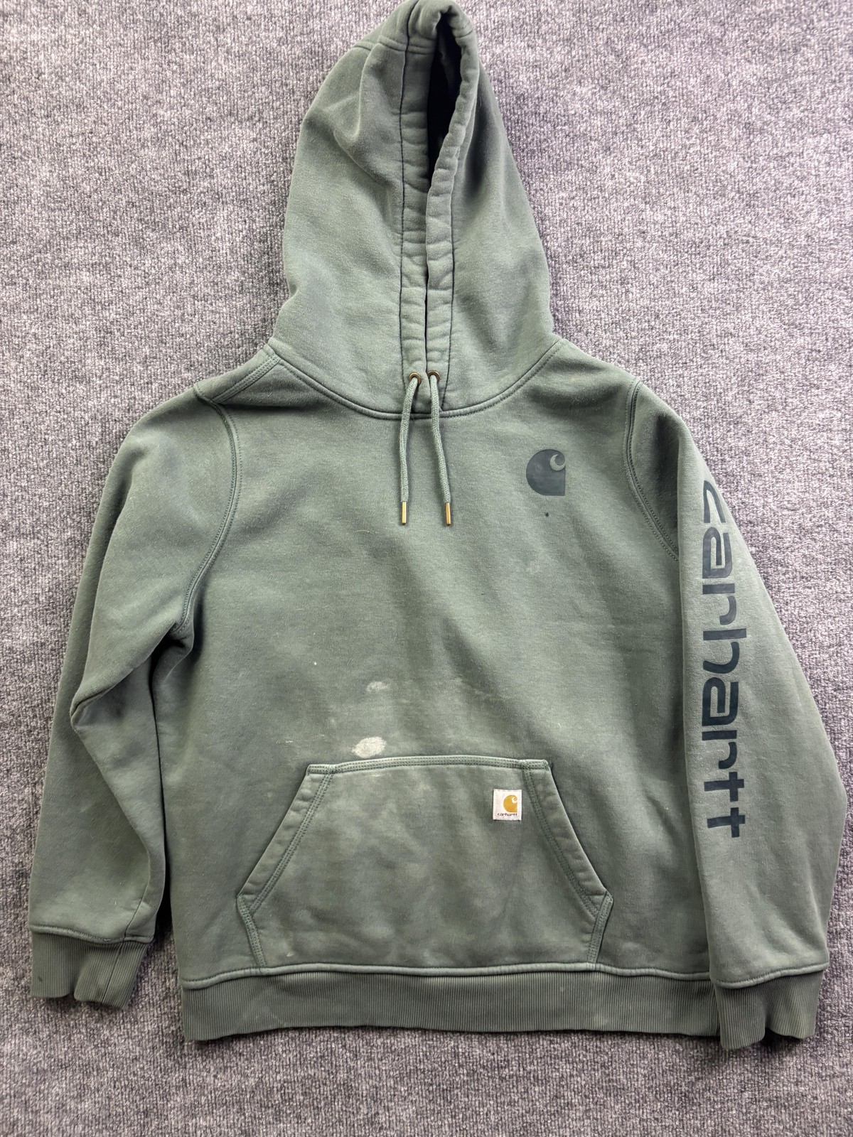 Carhartt Hoodie Womens Large 12-14 Green Fleece Pullover Sweatshirt Logo Sleeve