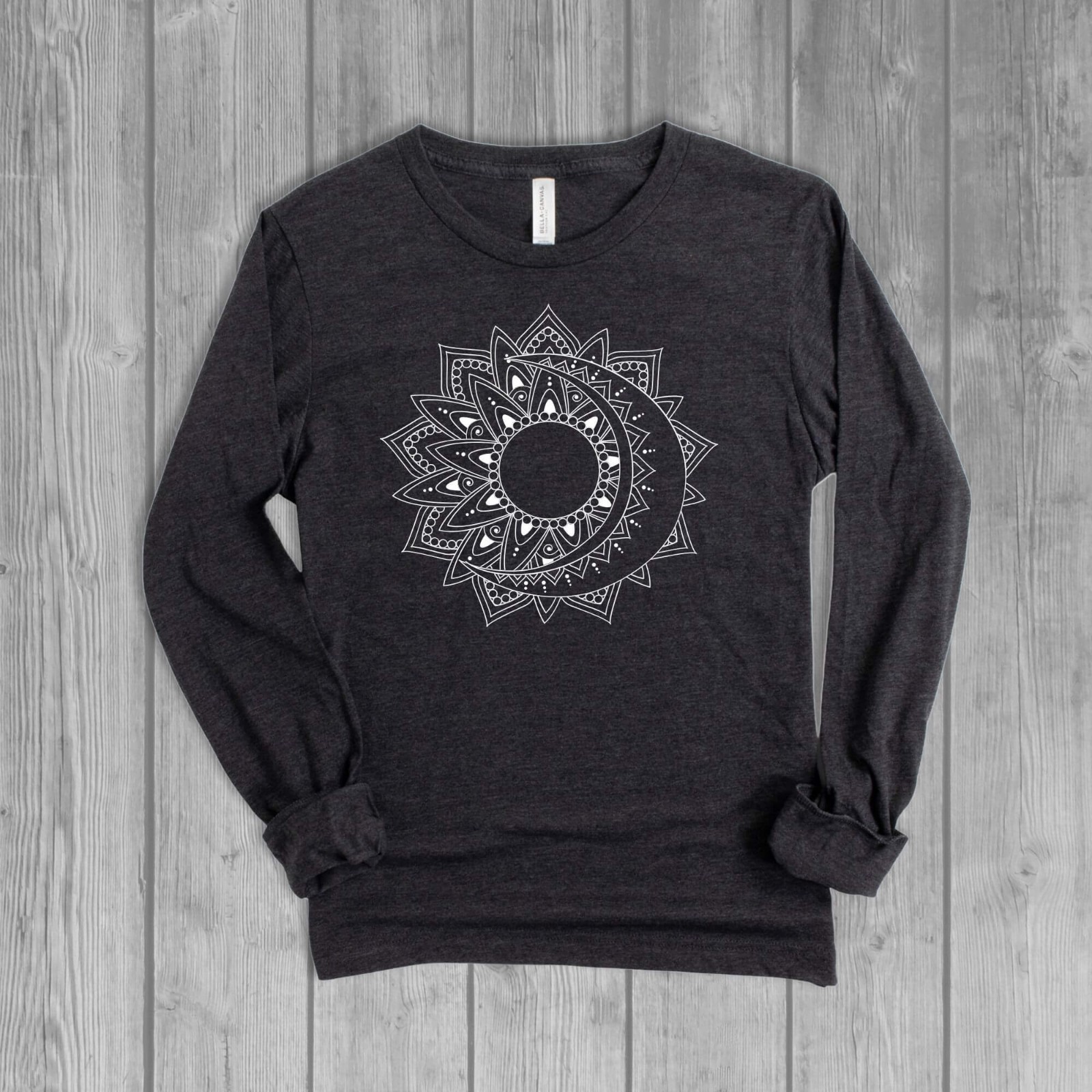 Long Sleeve Sun and Moon Mandala T-Shirt for Women, Celestial Graphic Tees