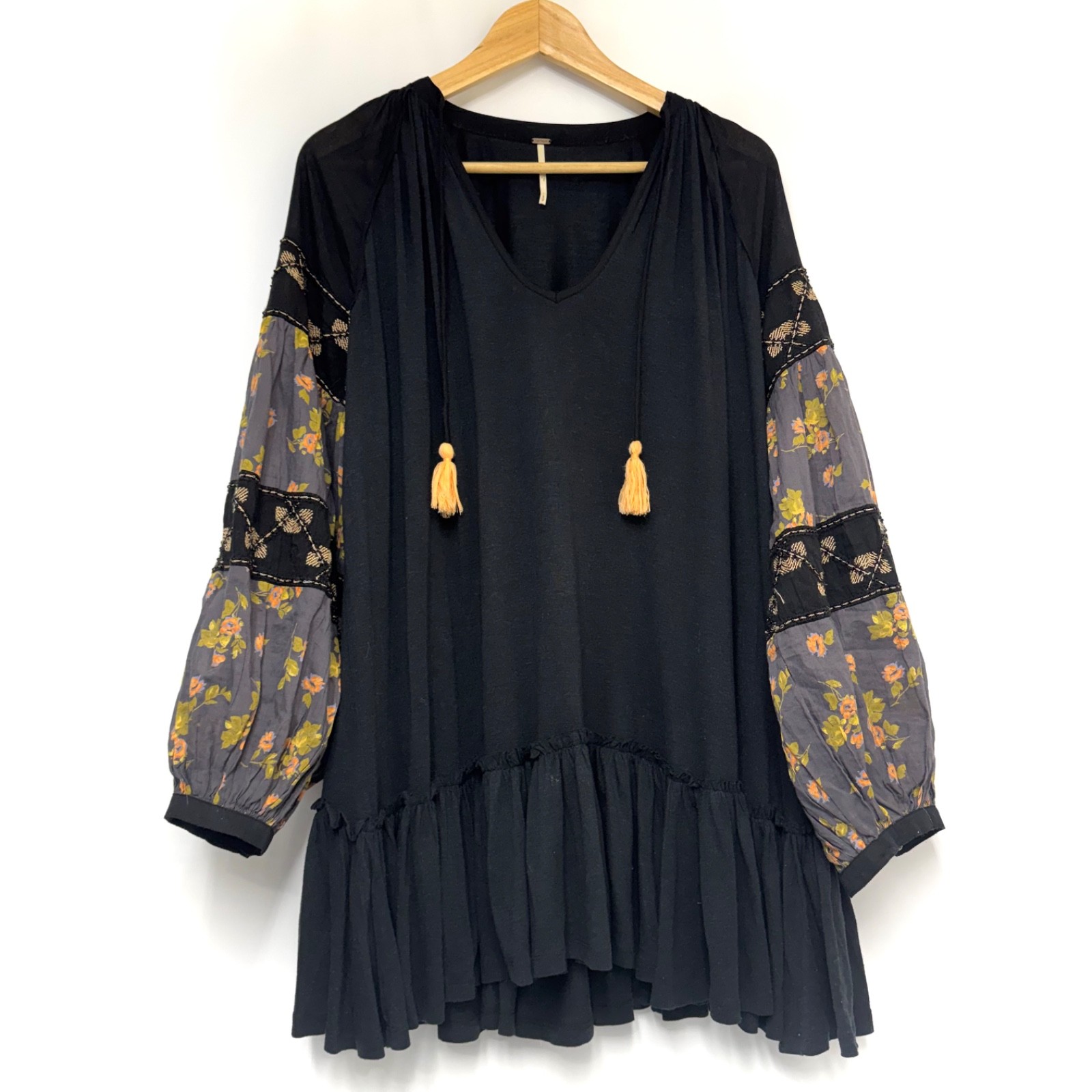 Free People Mix It Up Tunic Flowy Blouse Top Linen Blend Boho Floral Black, sz S